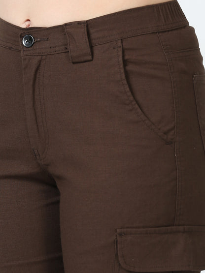 Women Lazy Linen Cargo Trousers-Brown