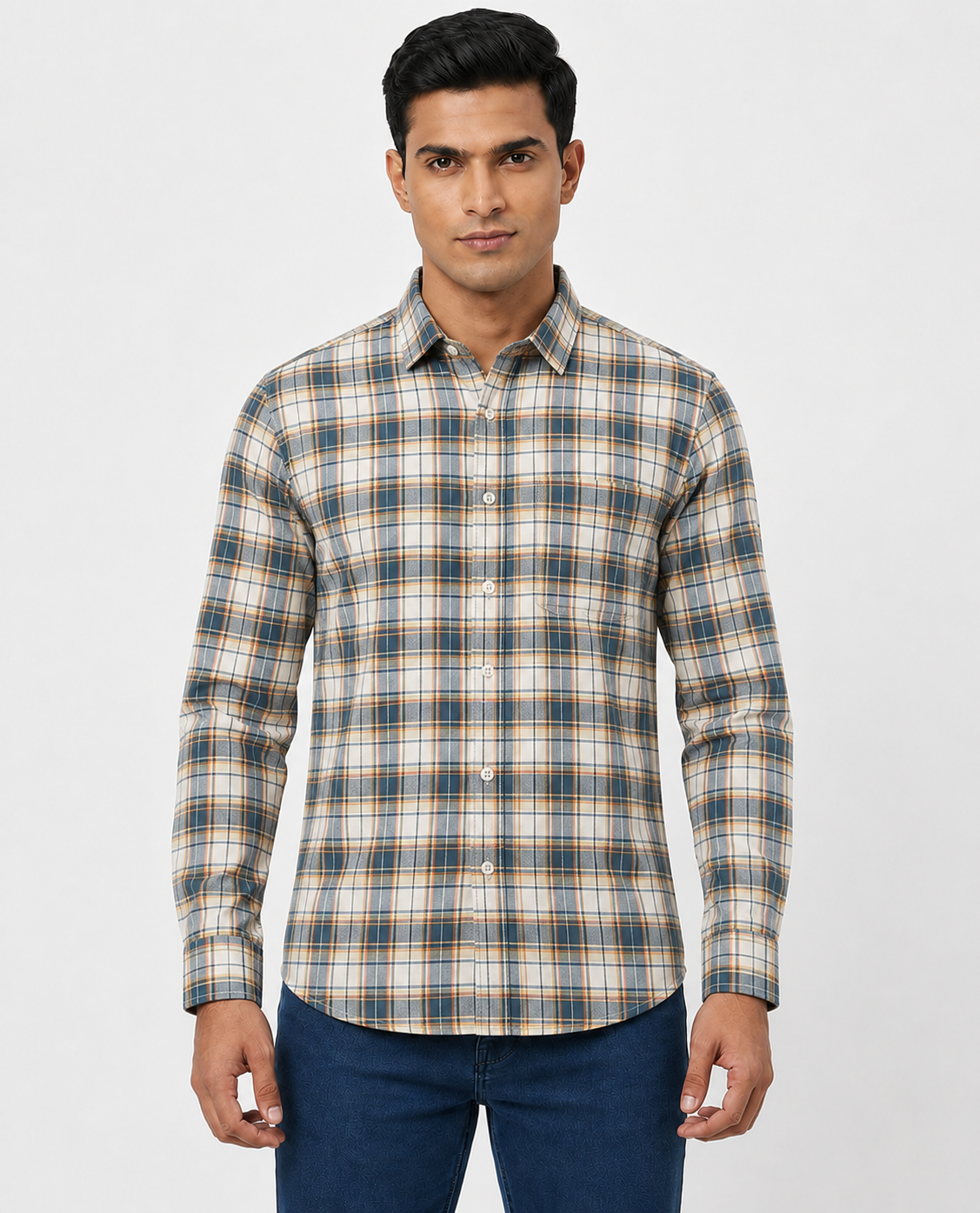 Men Oxford Square Checks Slim Fit Shirt – Aqua