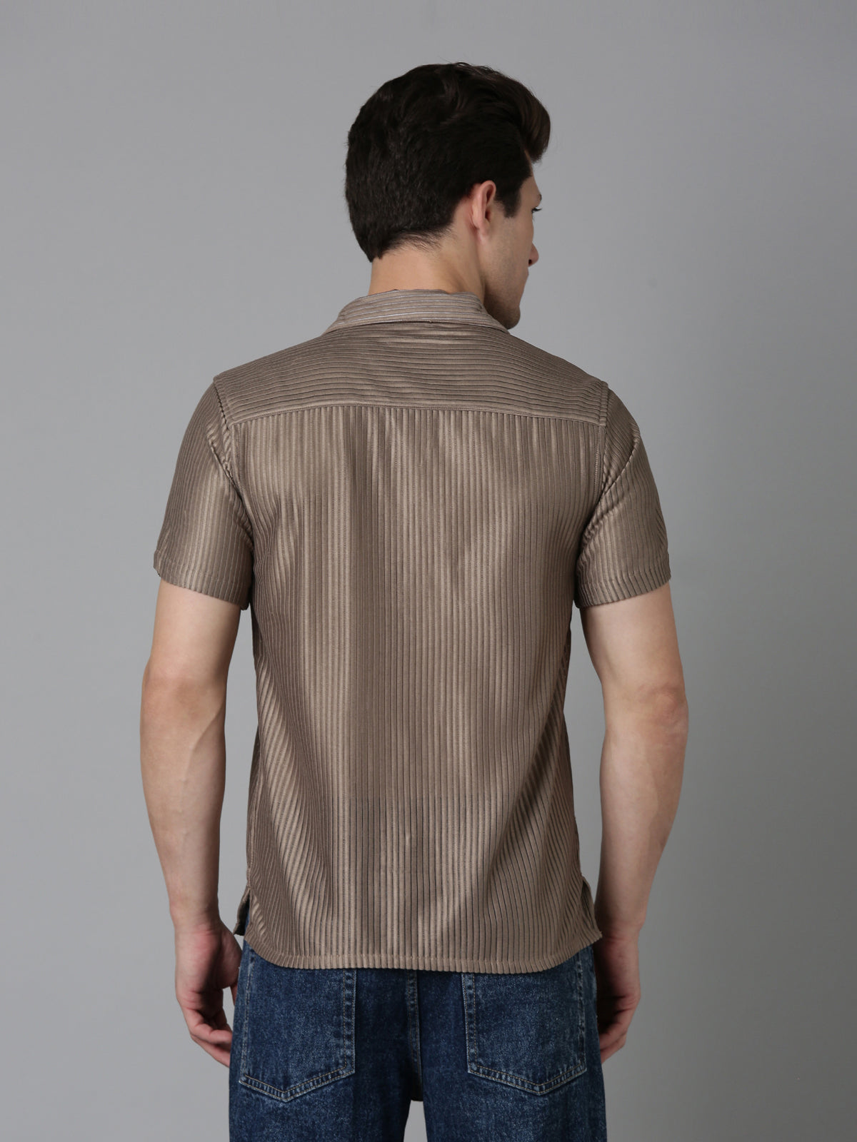 Men Embroidered Stripes Shirt-Brown