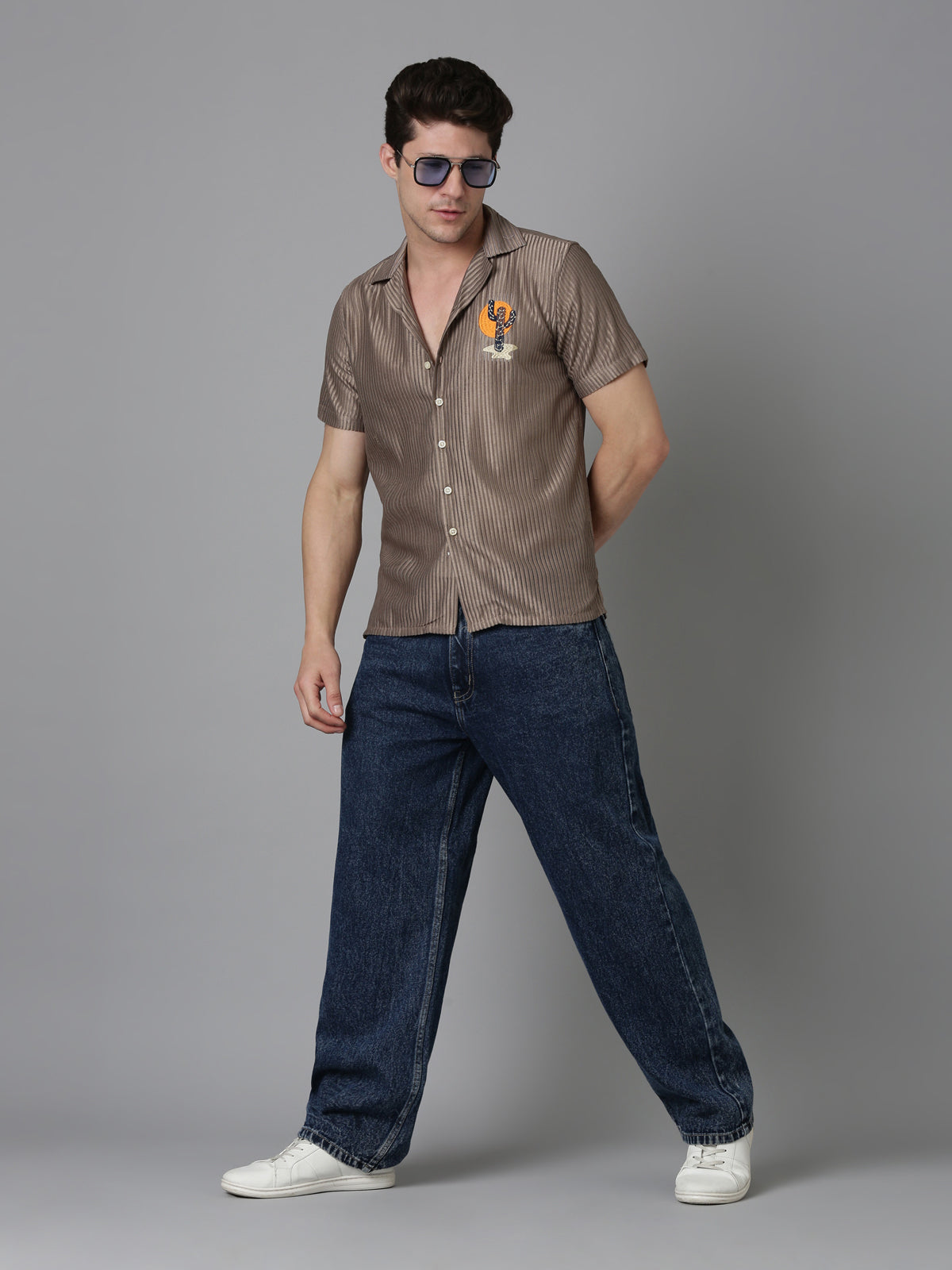 Men Embroidered Stripes Shirt-Brown