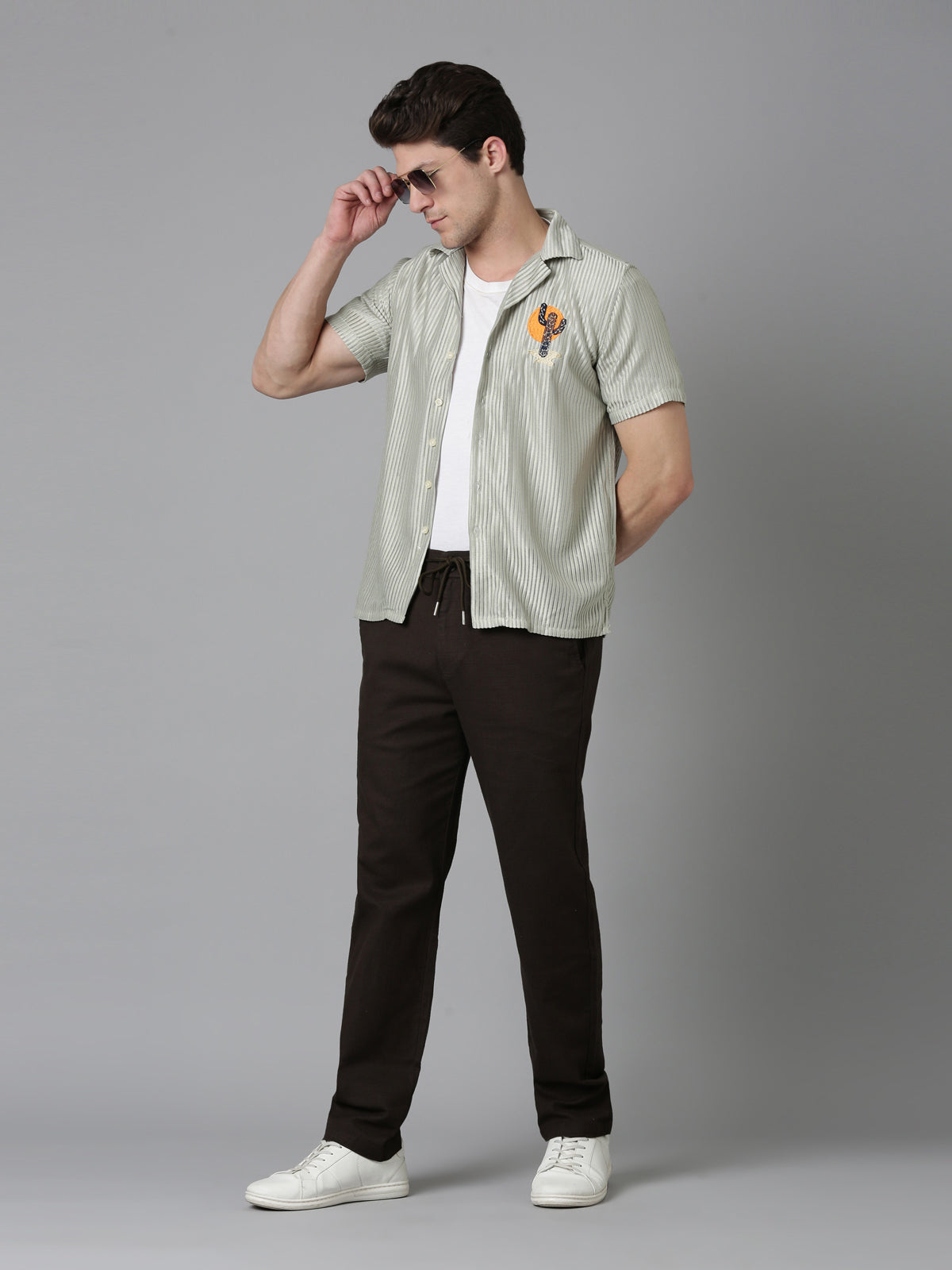 Men Embroidered Stripes Shirt- Light Green