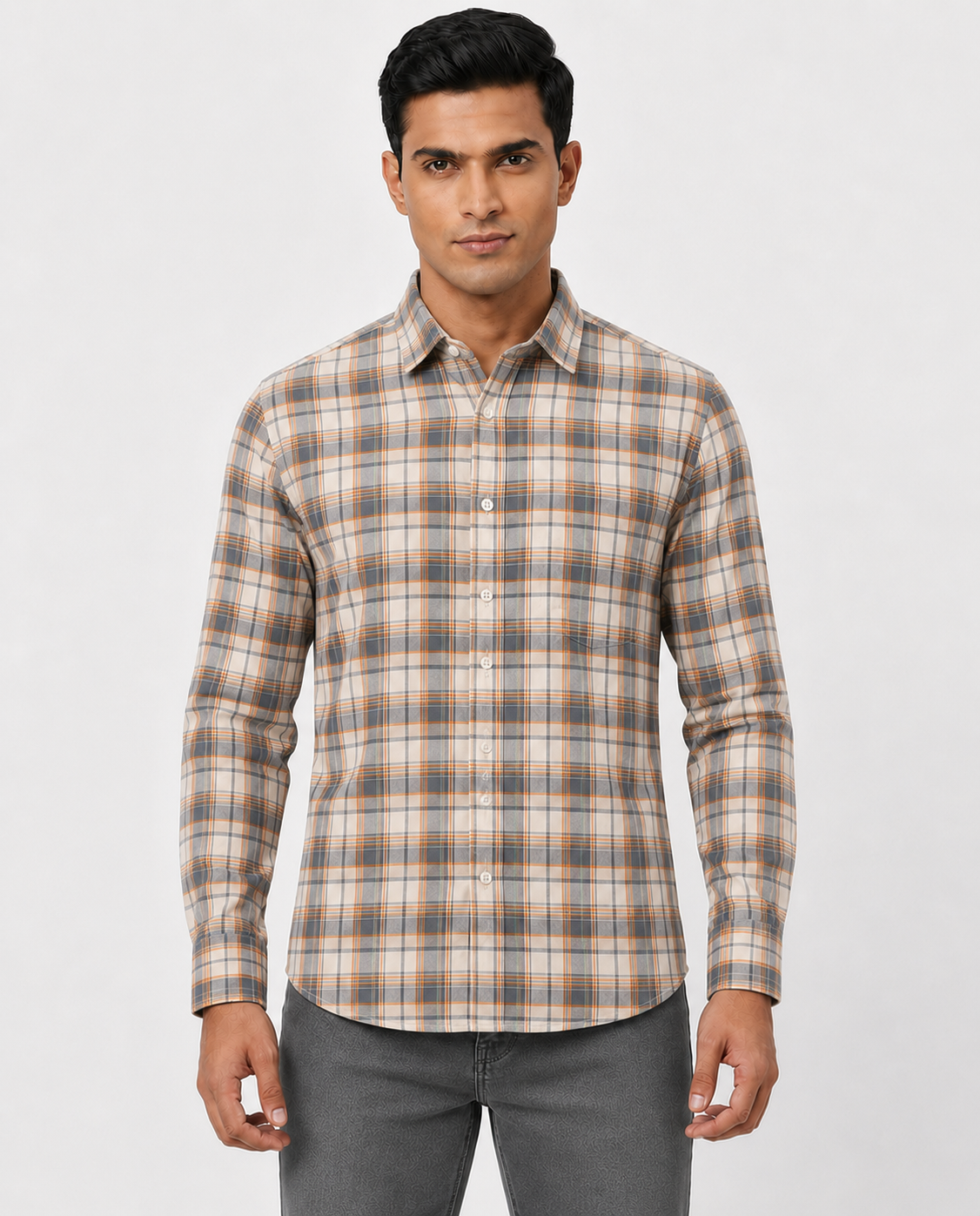 Men Oxford Square Checks Slim Fit Shirt – Blue Orange