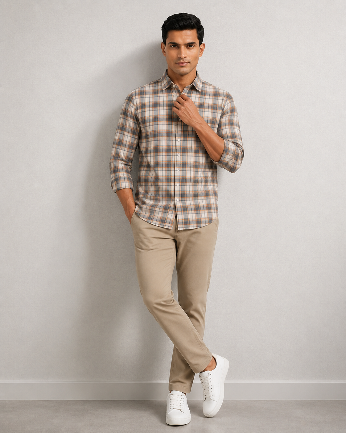 Men Oxford Square Checks Slim Fit Shirt – Blue Orange