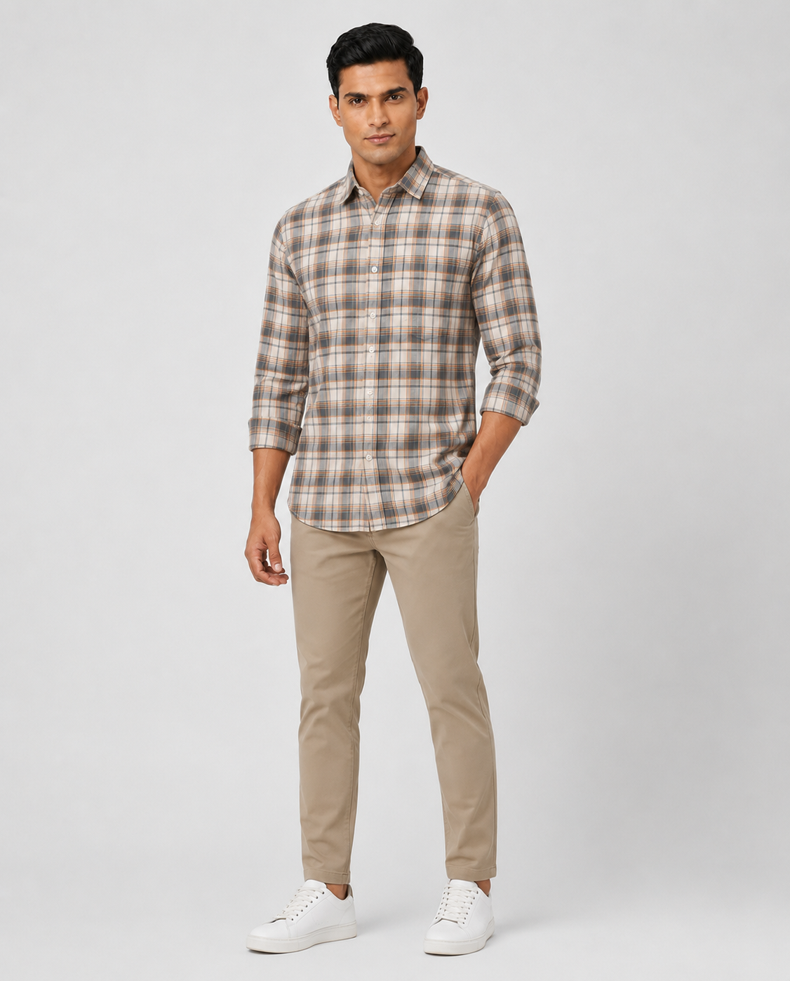 Men Oxford Square Checks Slim Fit Shirt – Blue Orange