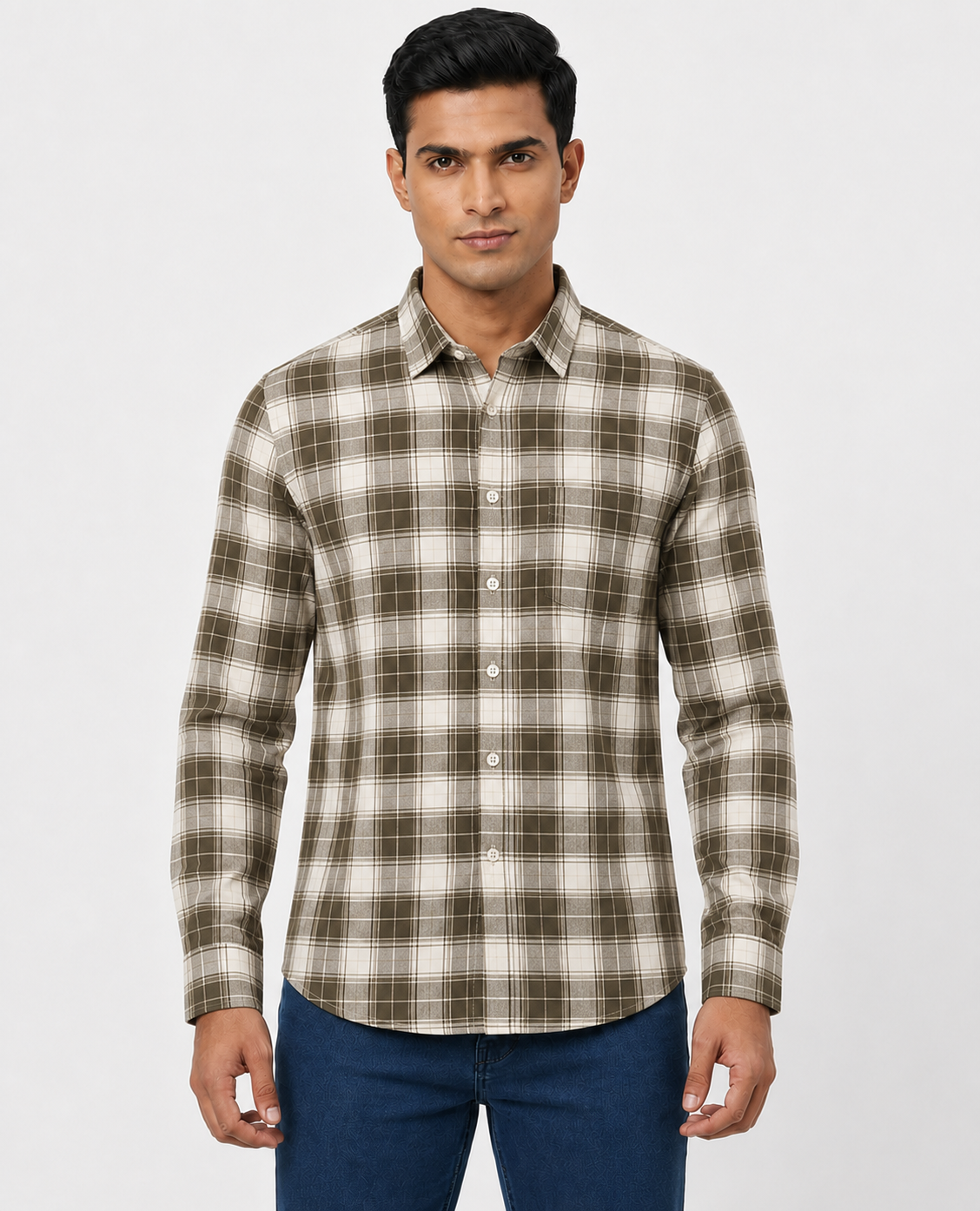Men Oxford Square Checks Slim Fit Shirt – Olive Grey