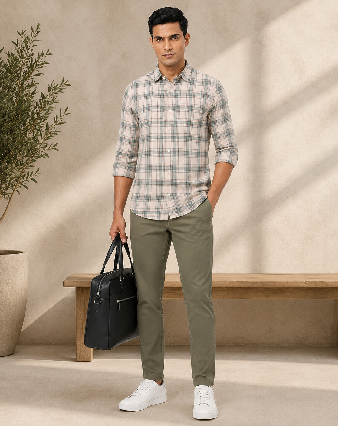 Men Oxford Square Checks Slim Fit Shirt – Green Grey