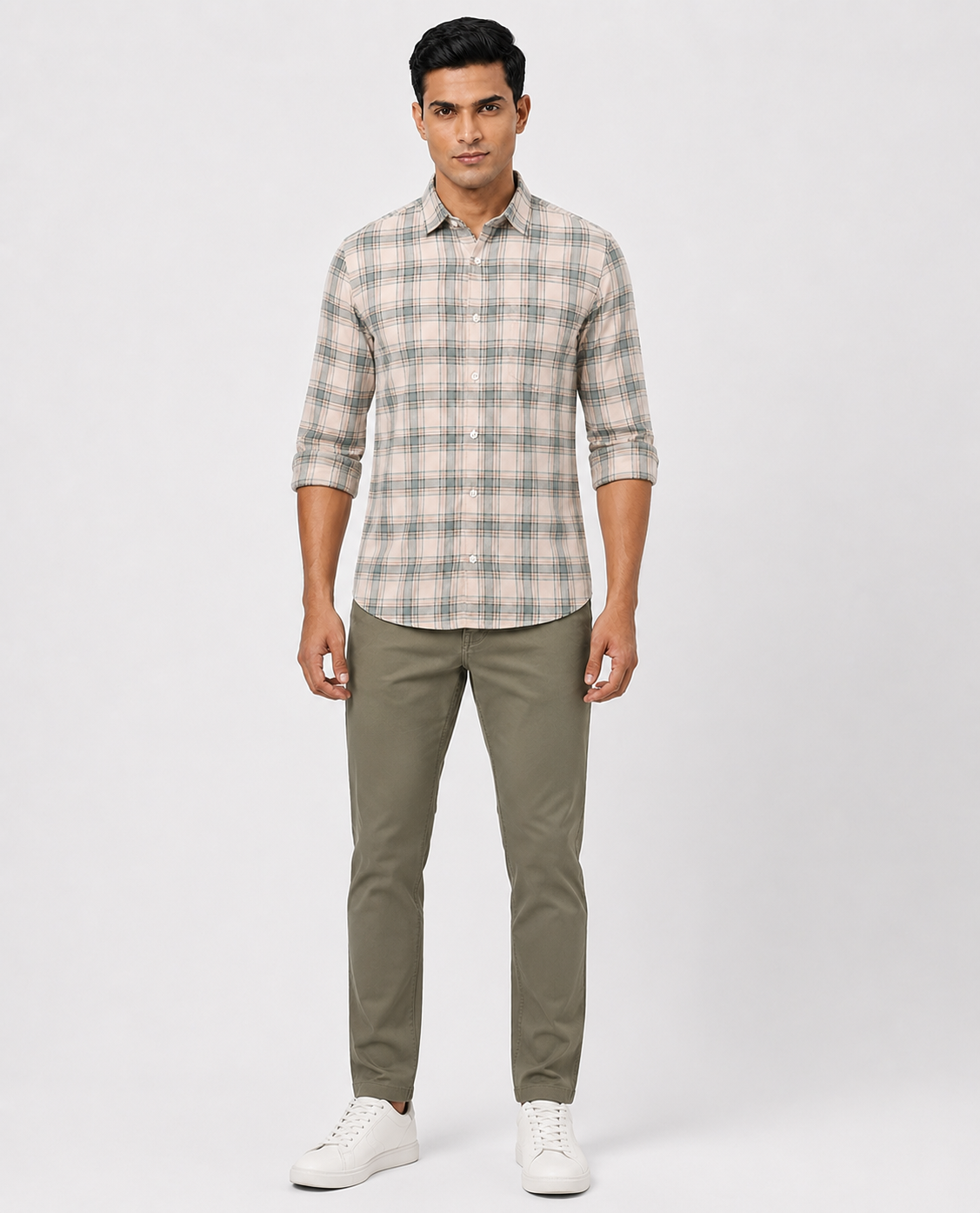 Men Oxford Square Checks Slim Fit Shirt – Green Grey