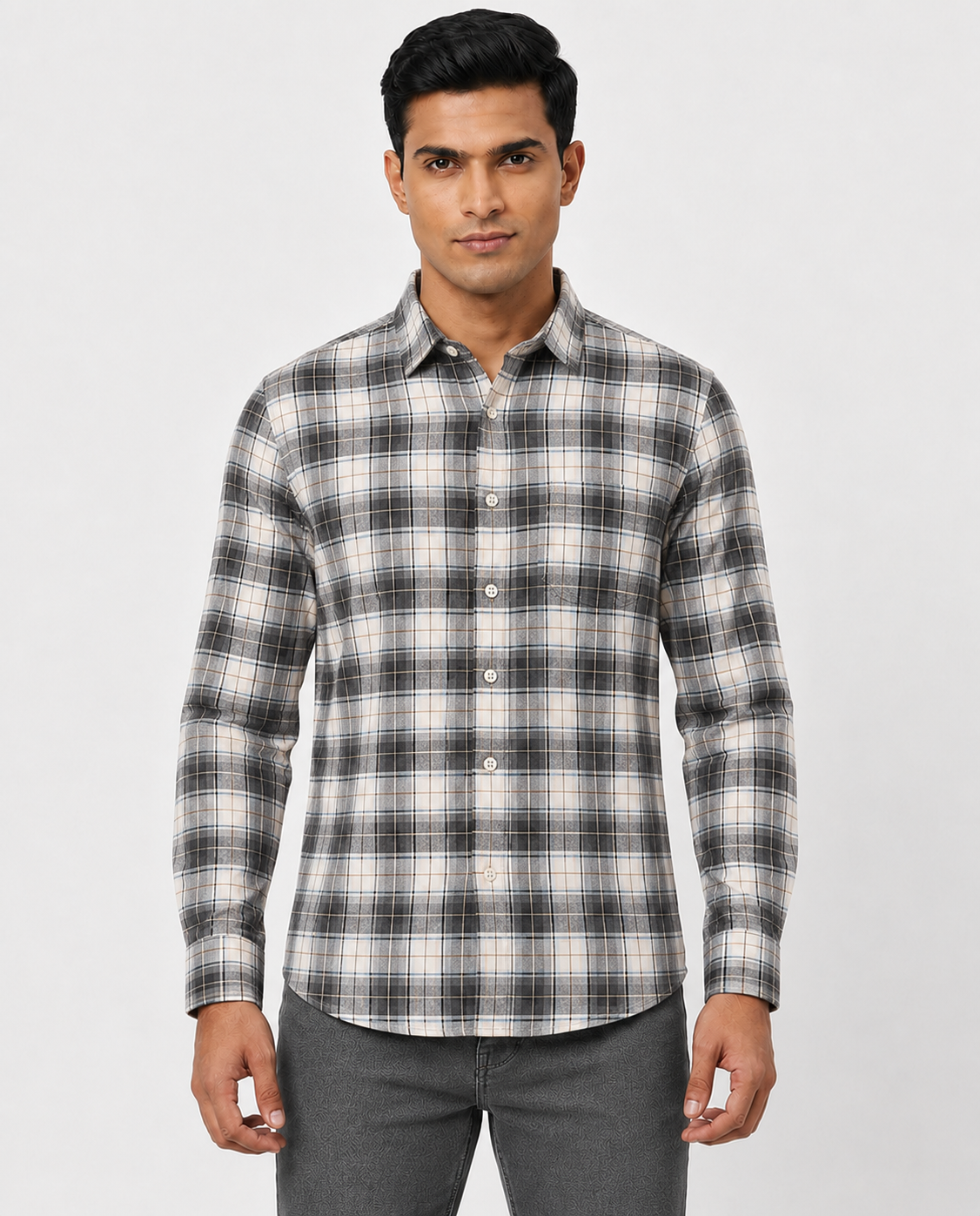Men Oxford Square Checks Slim Fit Shirt – Grey Blue