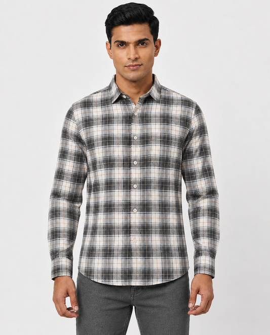 Men Oxford Square Checks Slim Fit Shirt – Grey Blue