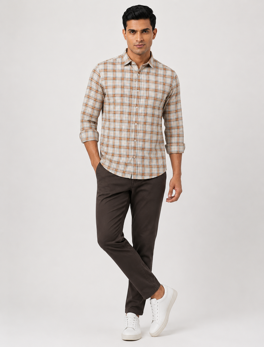 Men Oxford Square Checks Slim Fit Shirt – Brown Blue
