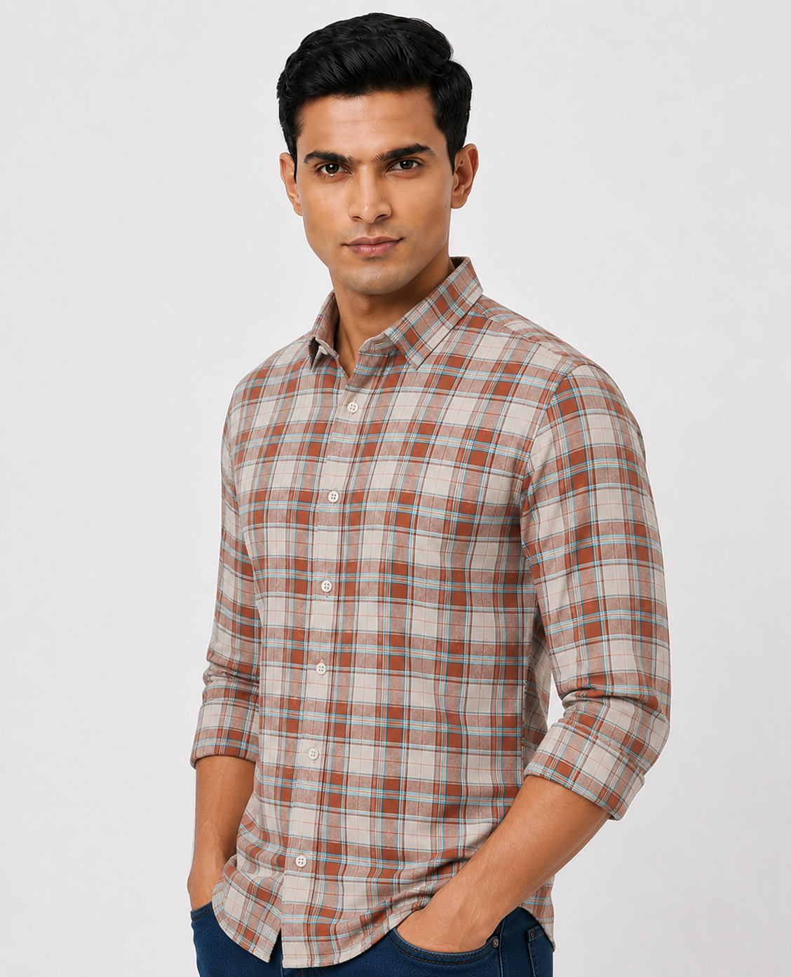 Men Oxford Square Checks Slim Fit Shirt – Red Blue