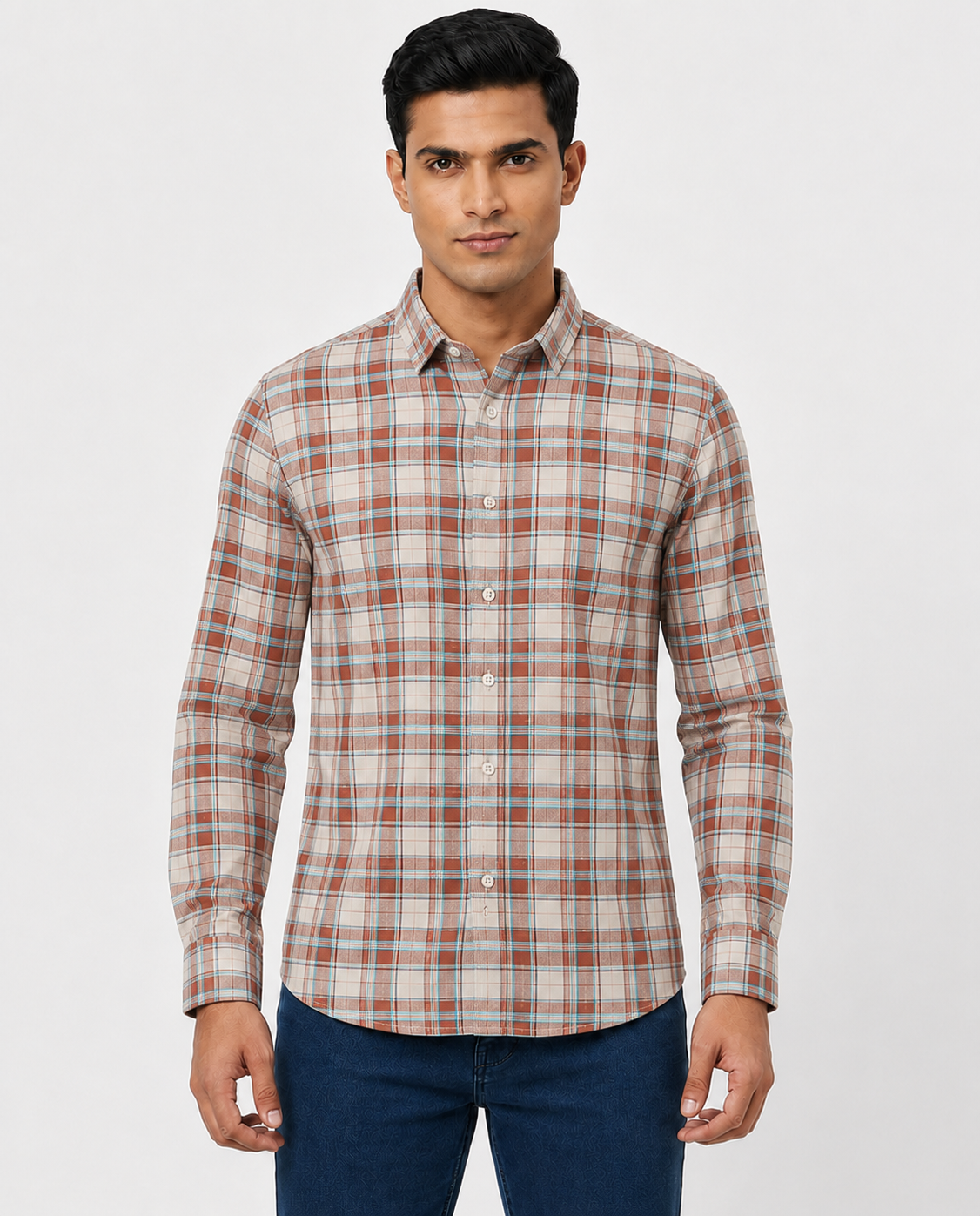 Men Oxford Square Checks Slim Fit Shirt – Red Blue