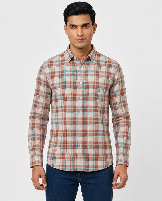 Men Oxford Square Checks Slim Fit Shirt – Red Blue