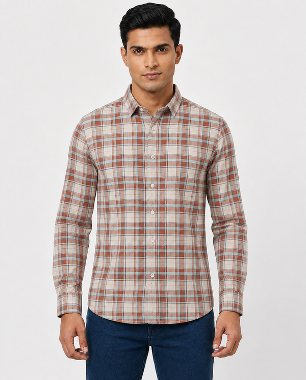 Men Oxford Square Checks Slim Fit Shirt – Red Blue