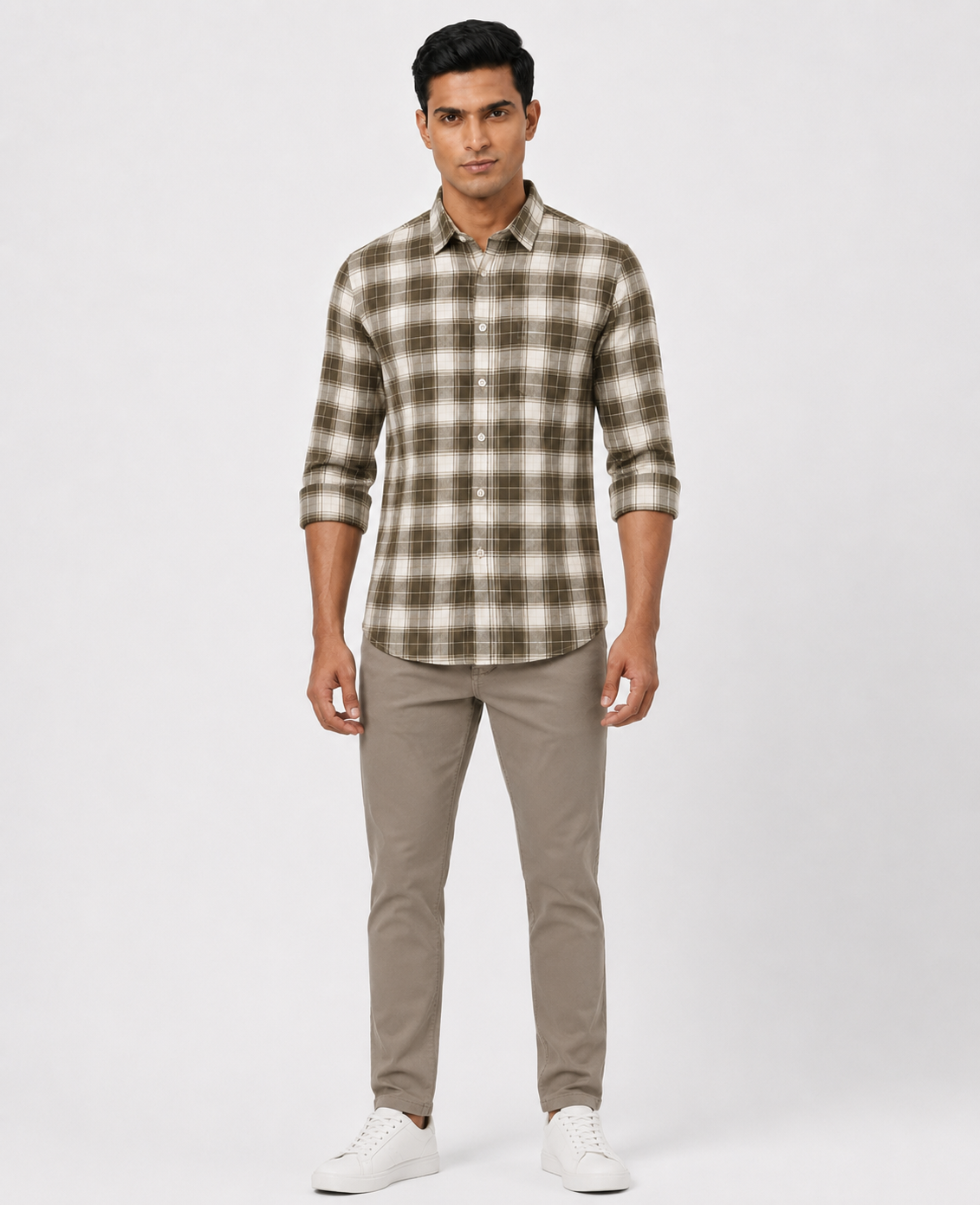 Men Oxford Square Checks Slim Fit Shirt – Olive Grey