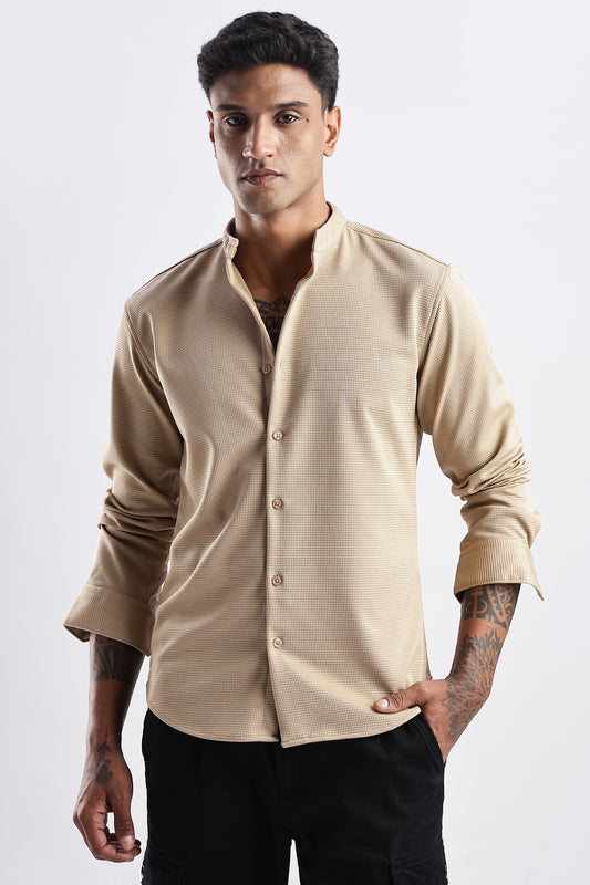 Men Waffle Dobby Shirts Mandarin Collar-Beige