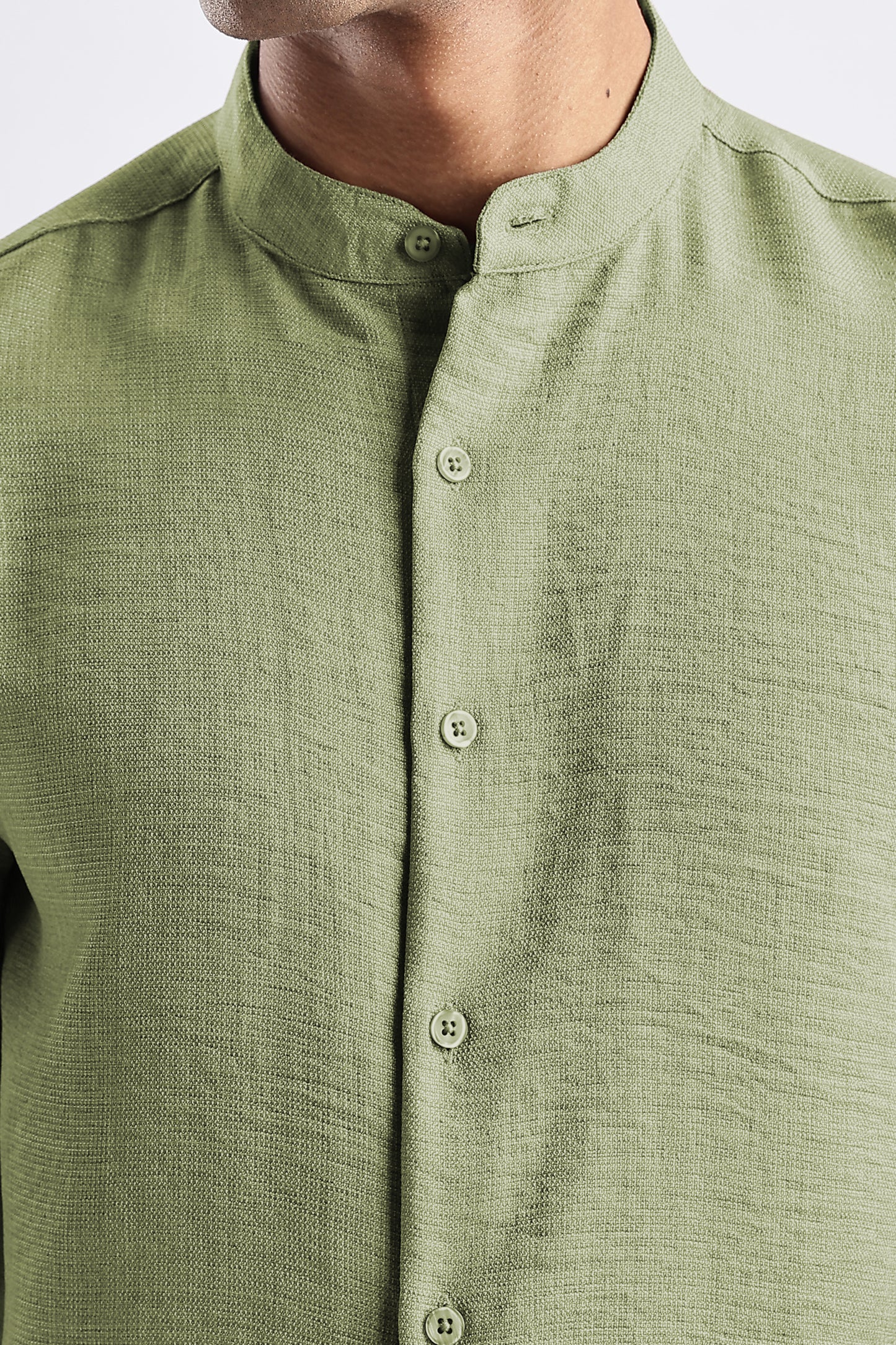 Men Milange Linen Look Shirts Mandarin Collar- Green