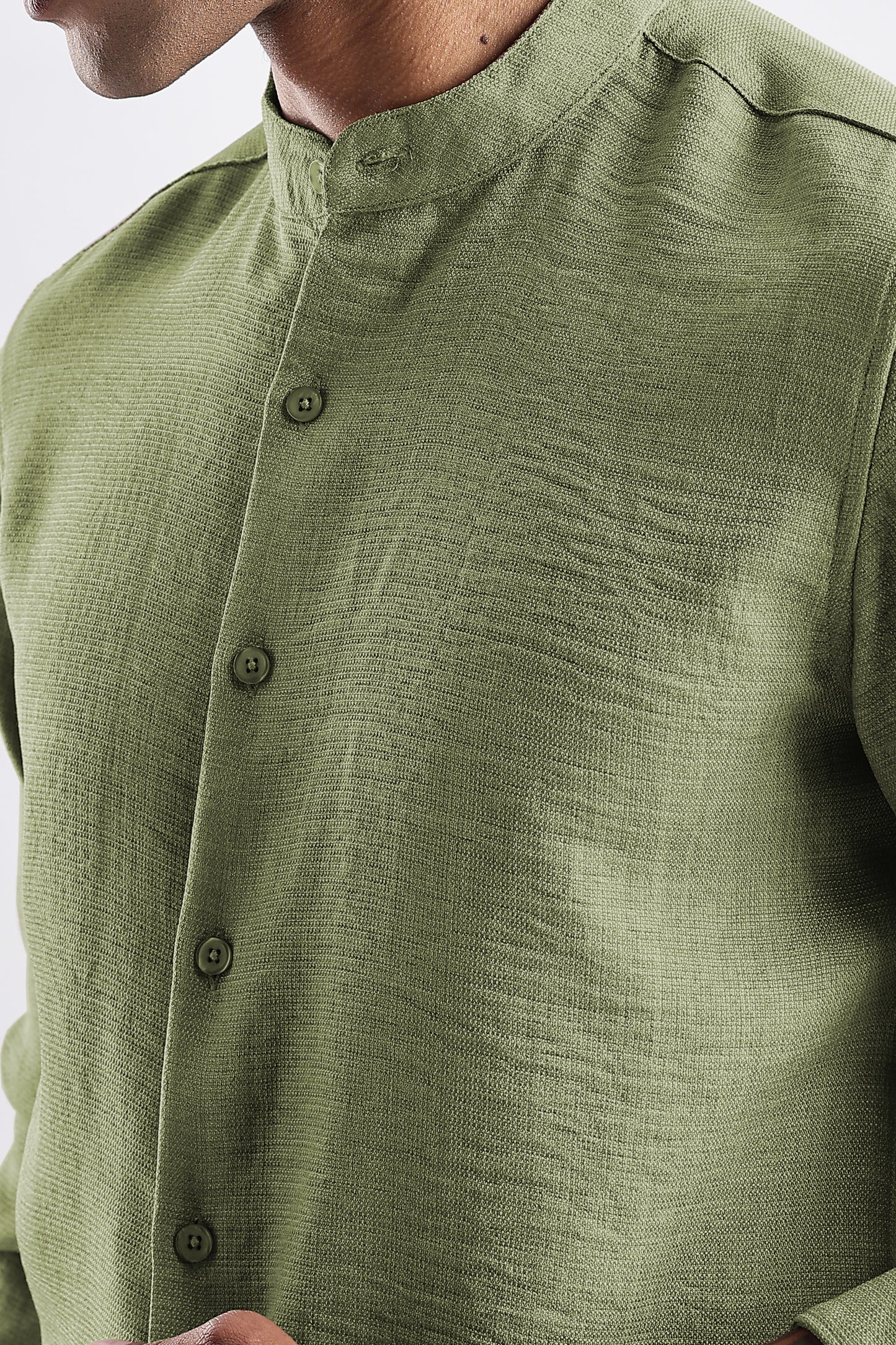 Men Milange Linen Look Shirts Mandarin Collar- Green