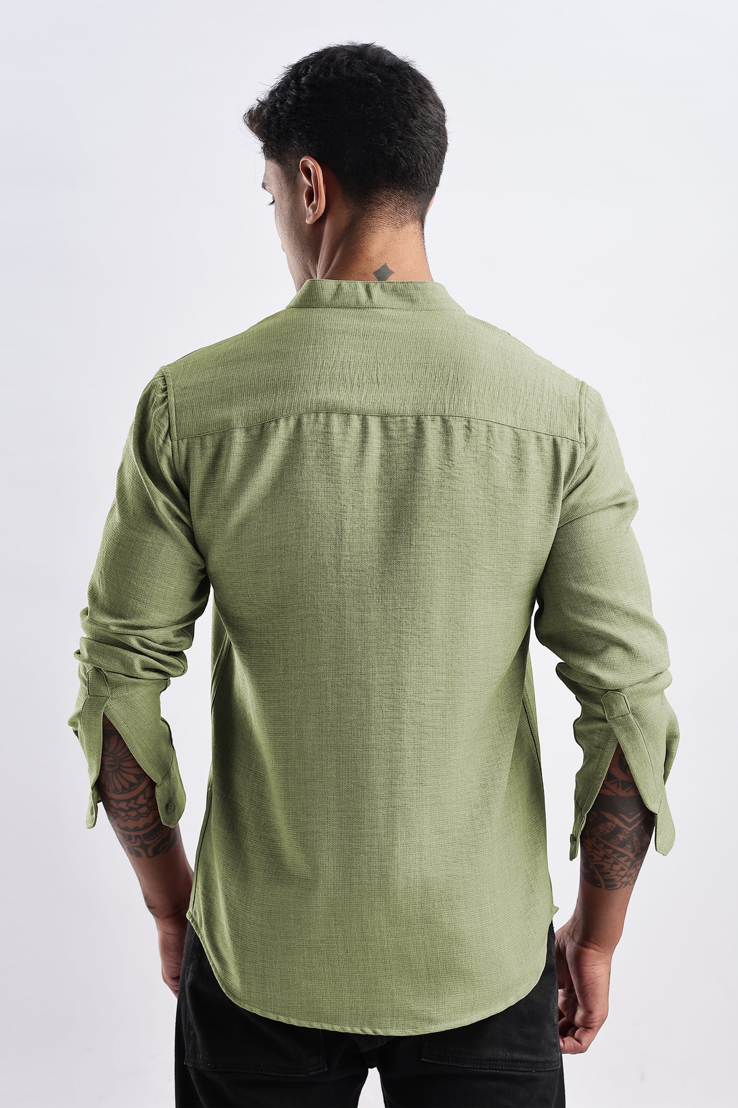 Men Milange Linen Look Shirts Mandarin Collar- Green