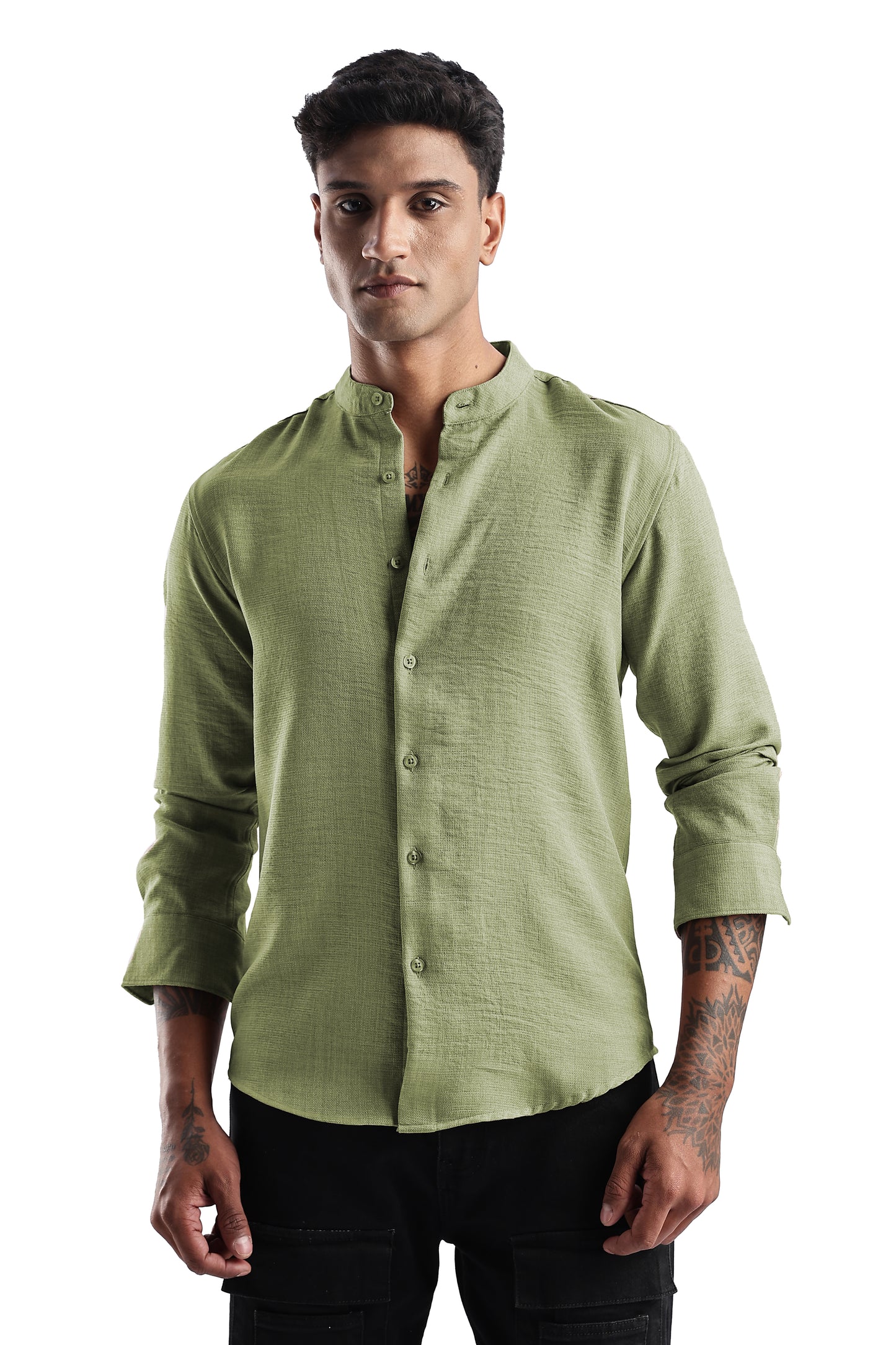 Men Milange Linen Look Shirts Mandarin Collar- Green
