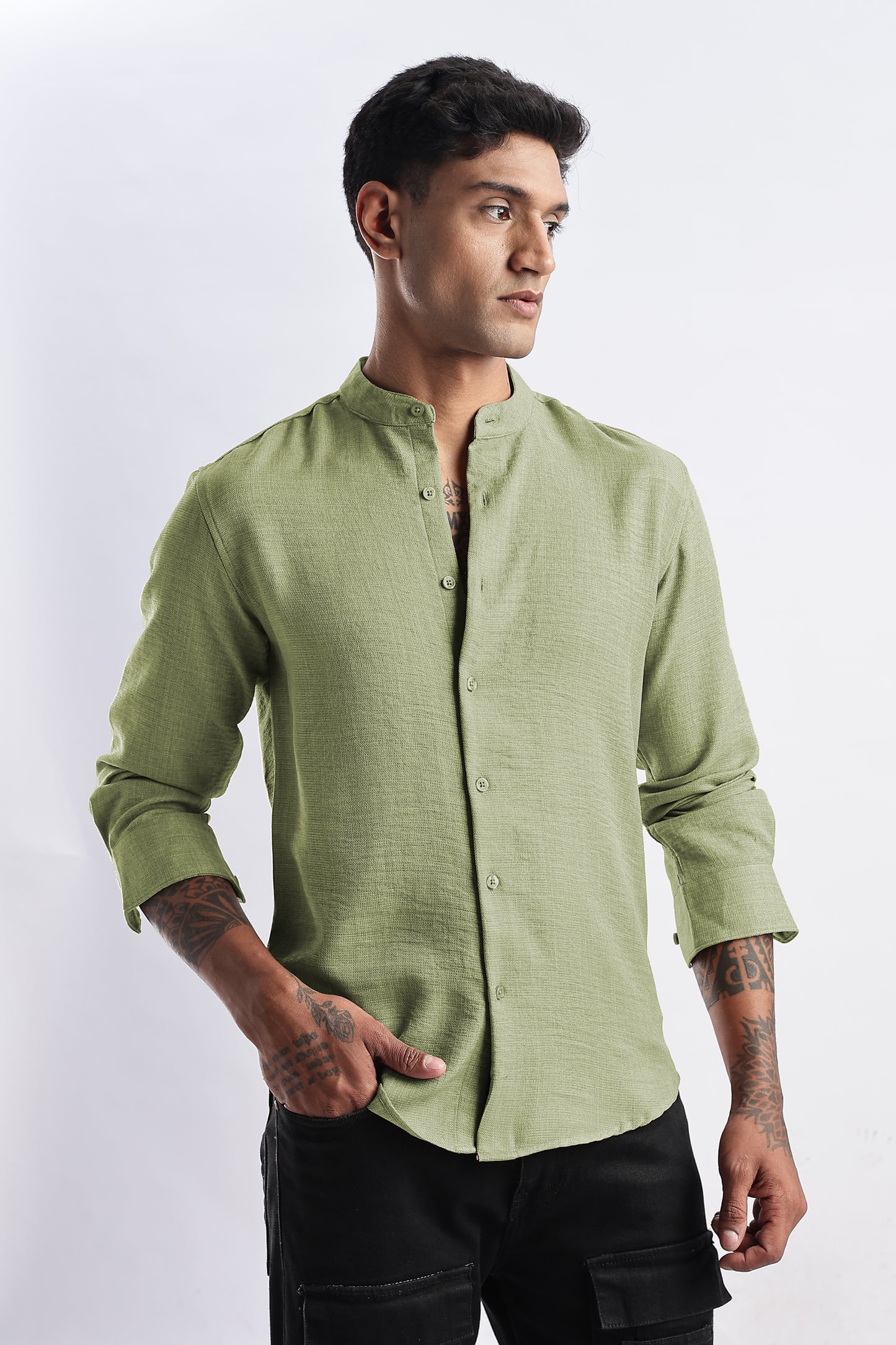Men Milange Linen Look Shirts Mandarin Collar- Green