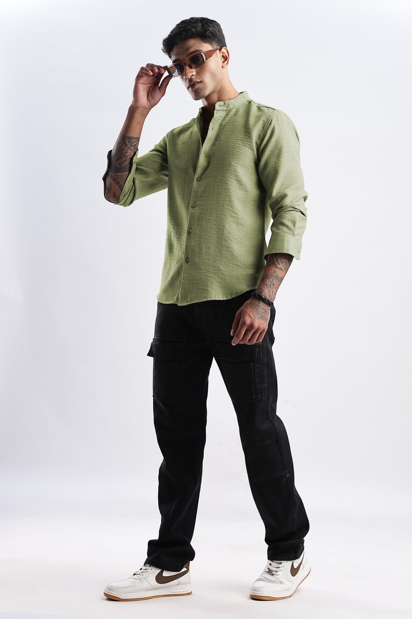 Men Milange Linen Look Shirts Mandarin Collar- Green