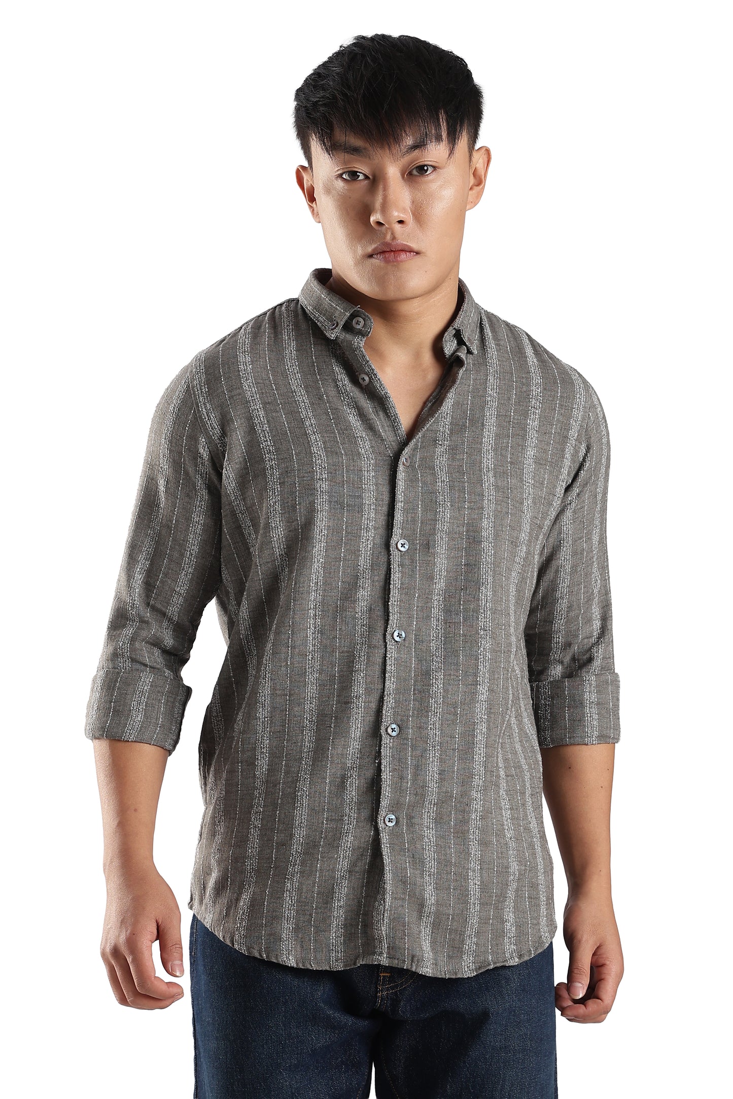 Men Milange Linen Stripes Shirts-Grey
