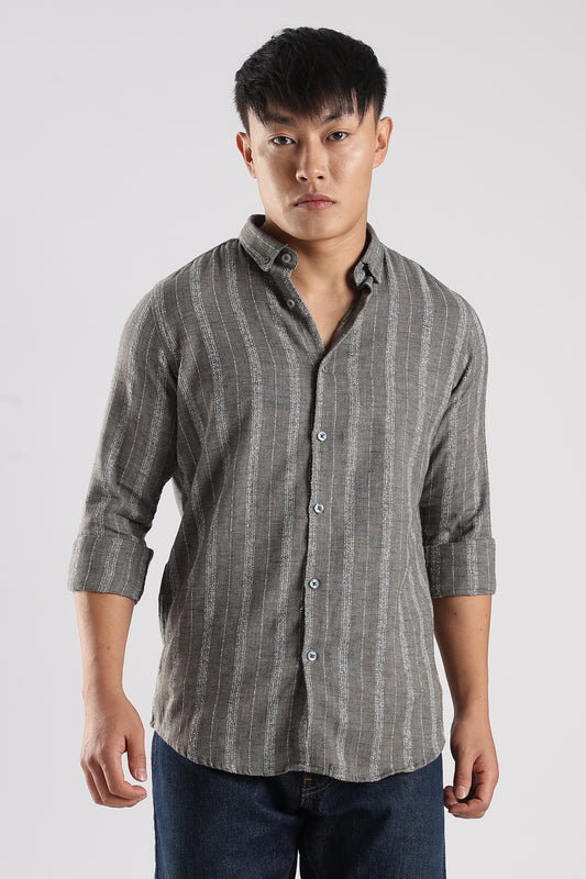 Men Milange Linen Stripes Shirts-Grey