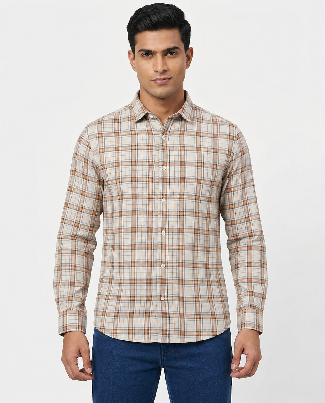 Men Oxford Square Checks Slim Fit Shirt – Brown Blue