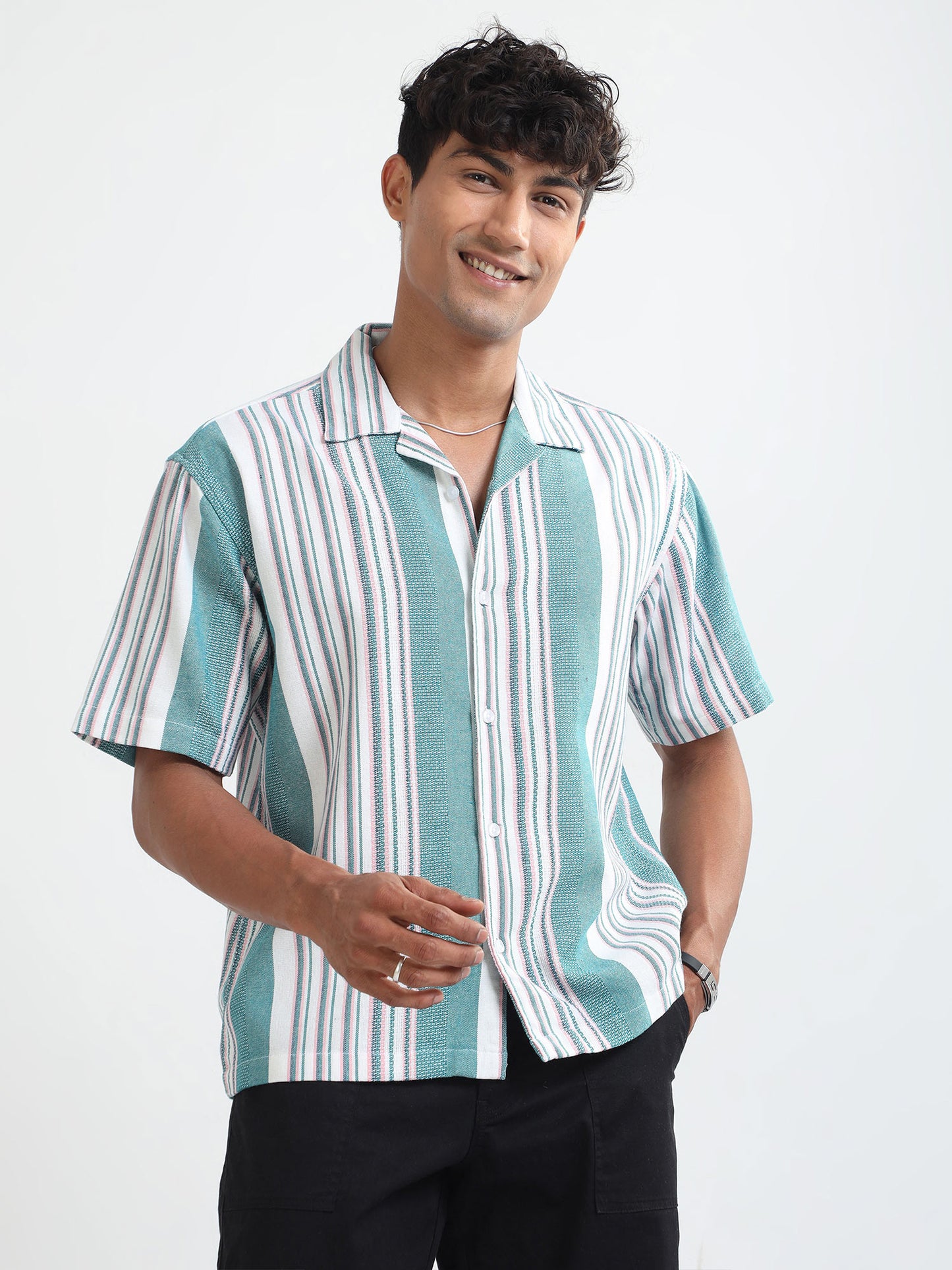 Men Mint Striped Oversized Shirt