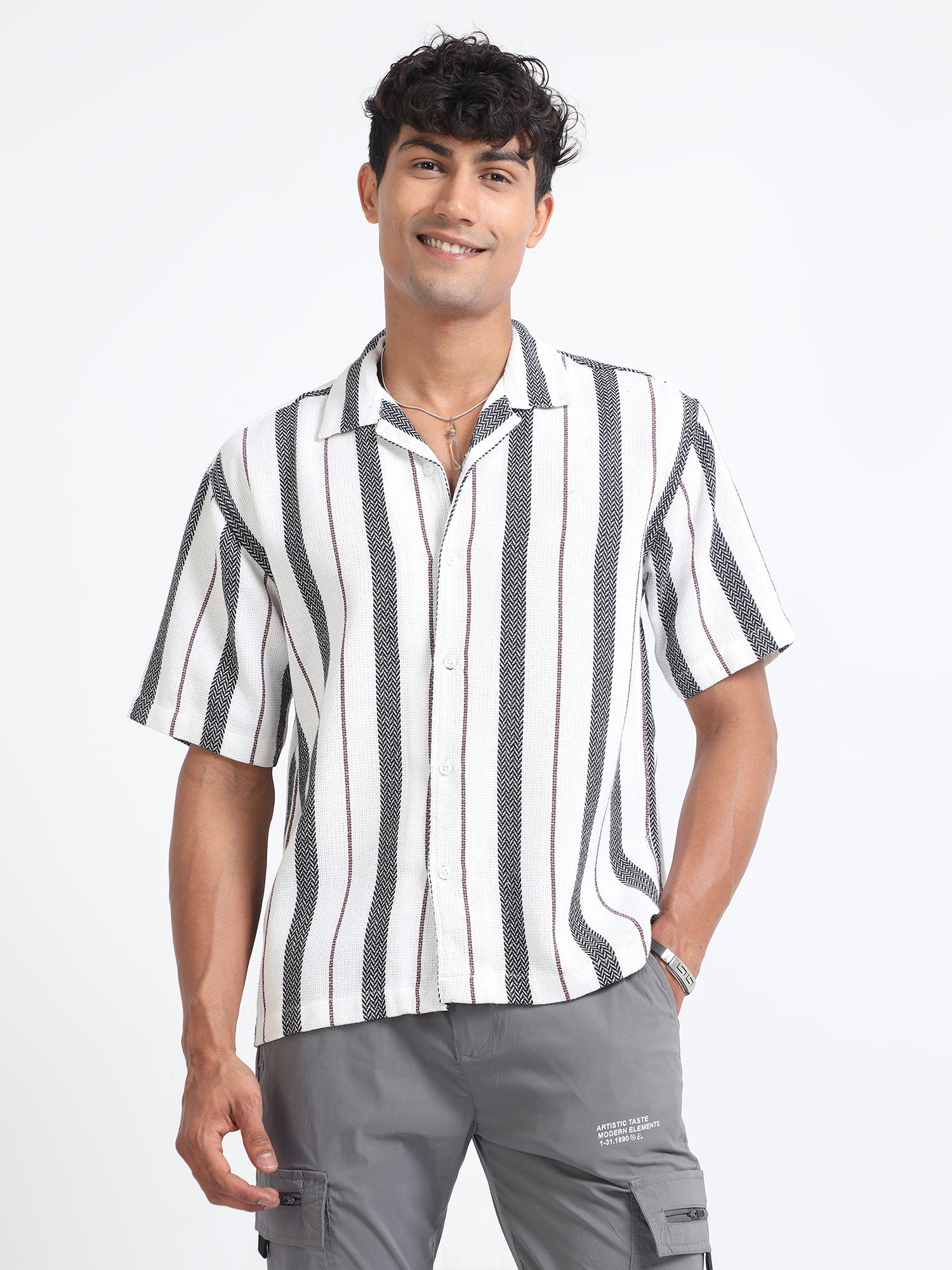 Striped Jacquard White Shirt For Men