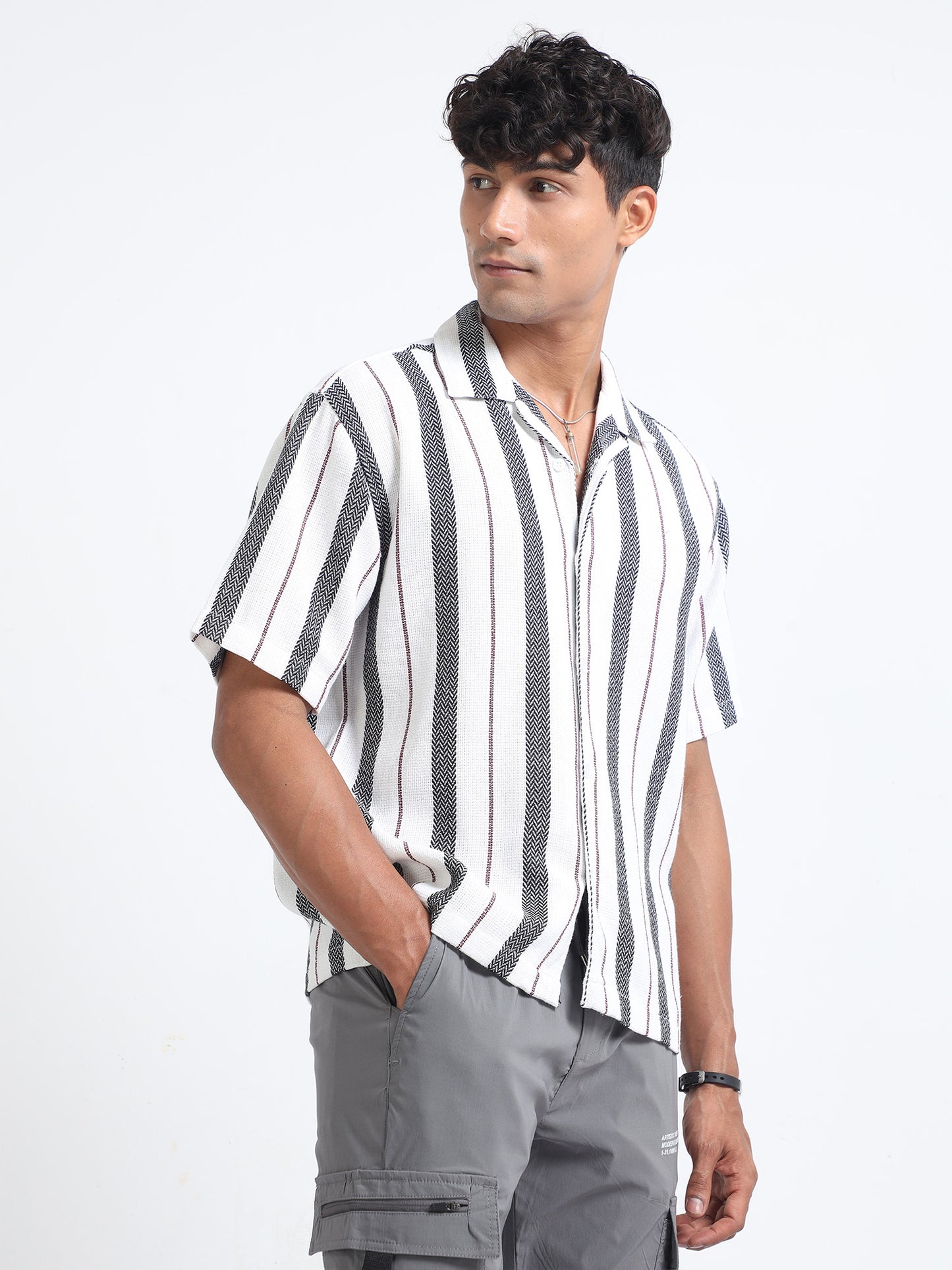 Men Striped White & Grey Oversized Shirt