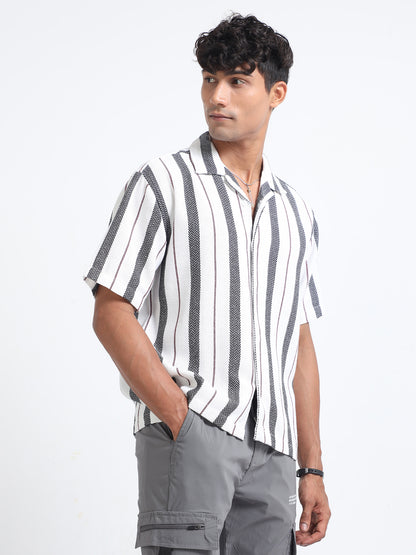 Men Striped White & Grey Oversized Shirt