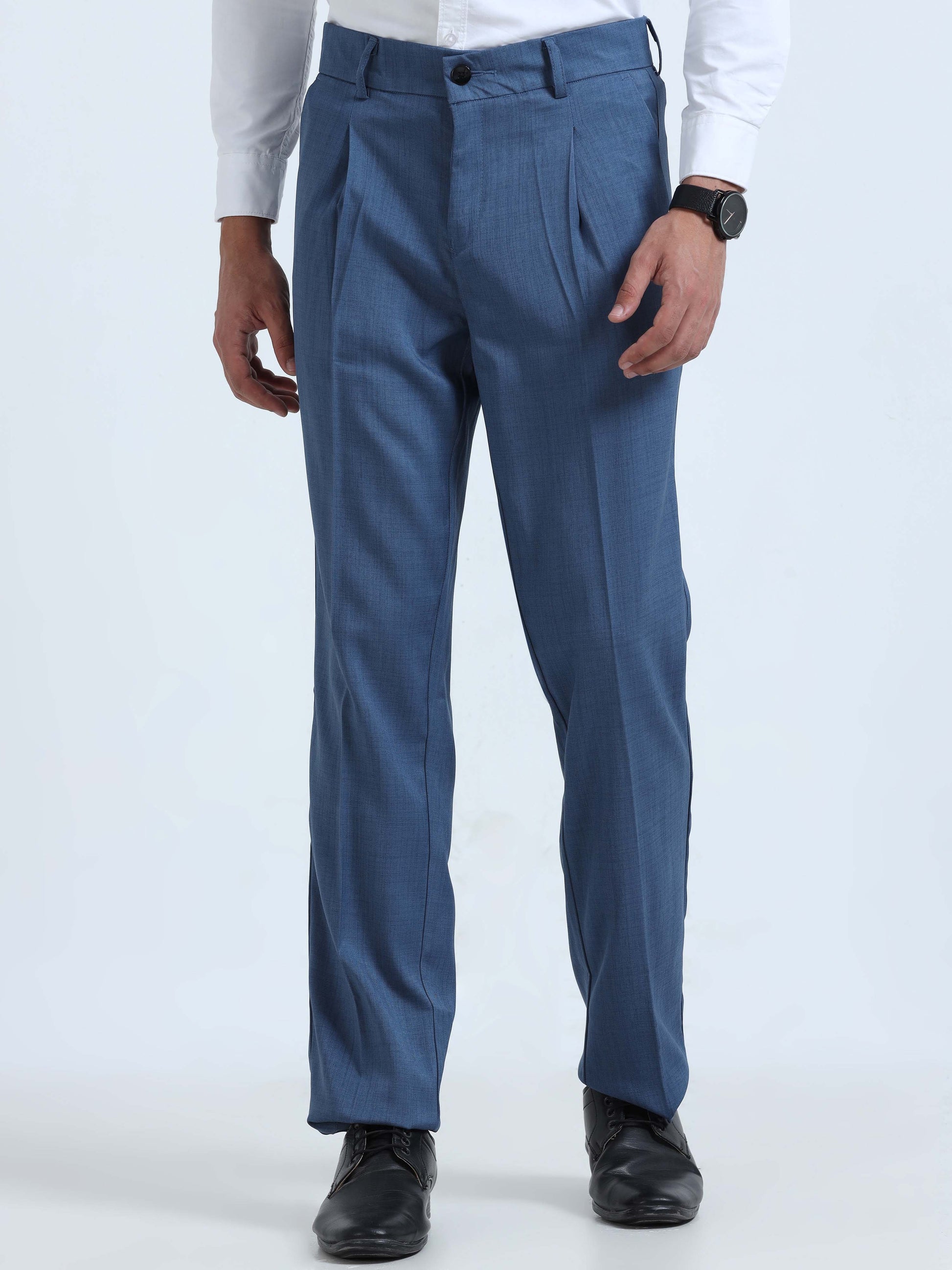 Shop Comfortable Royal Blue Pleated formal Pants for Men Shop Comfortable Royal Blue Pleated formal Pants for Men