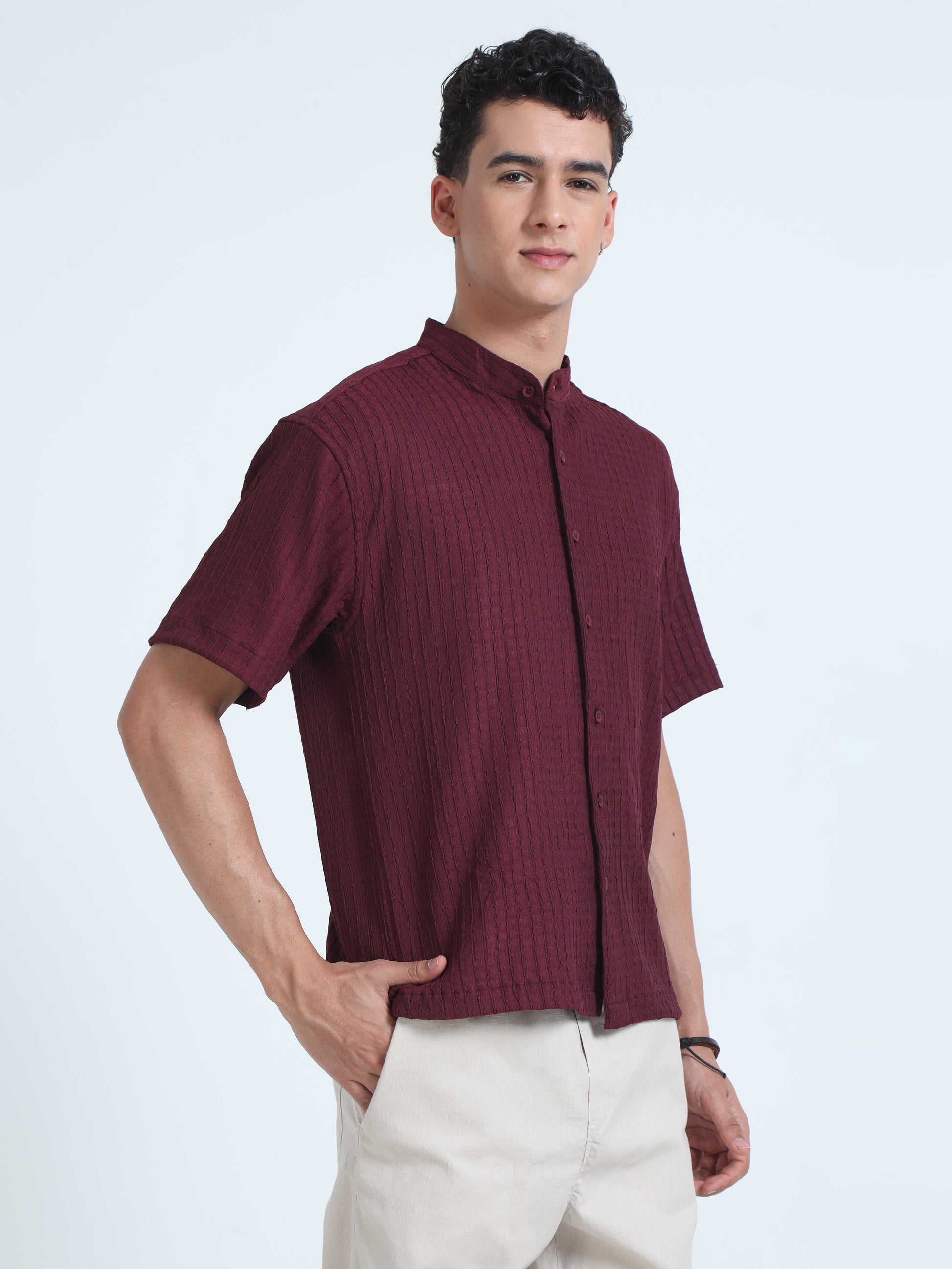 Maroon Mandarin Collar Shirt for Men