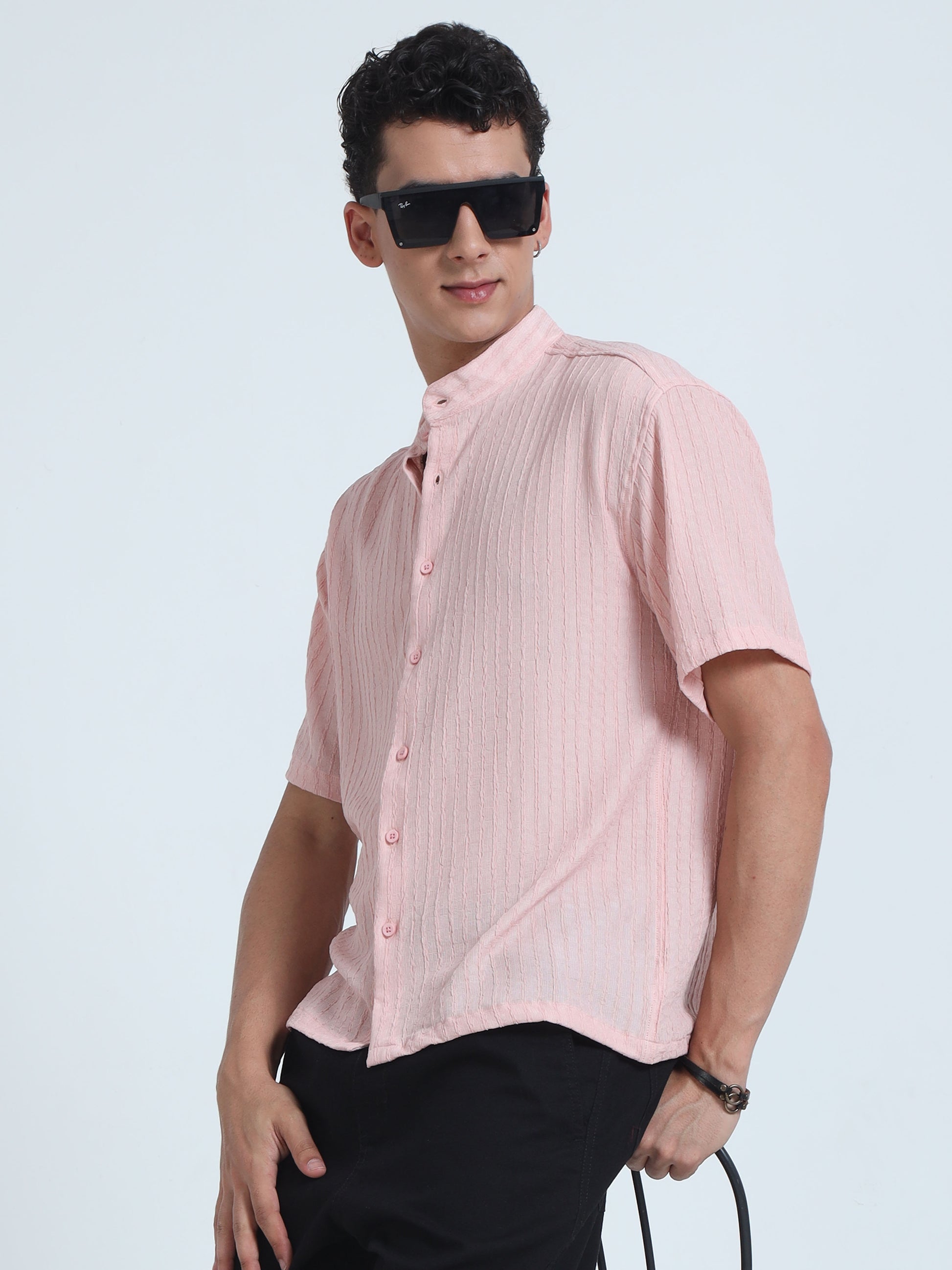 Shop Trendy Pink Mens Mandarin Collar Shirt at Great Price