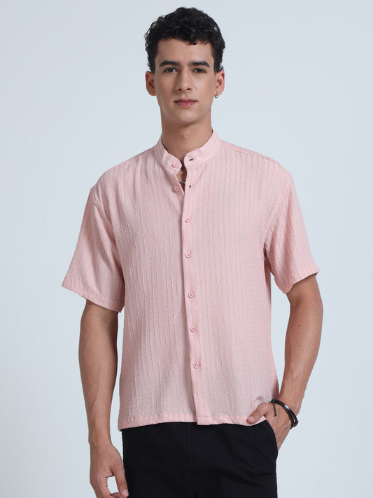 Pink Mens Mandarin Collar Shirt
