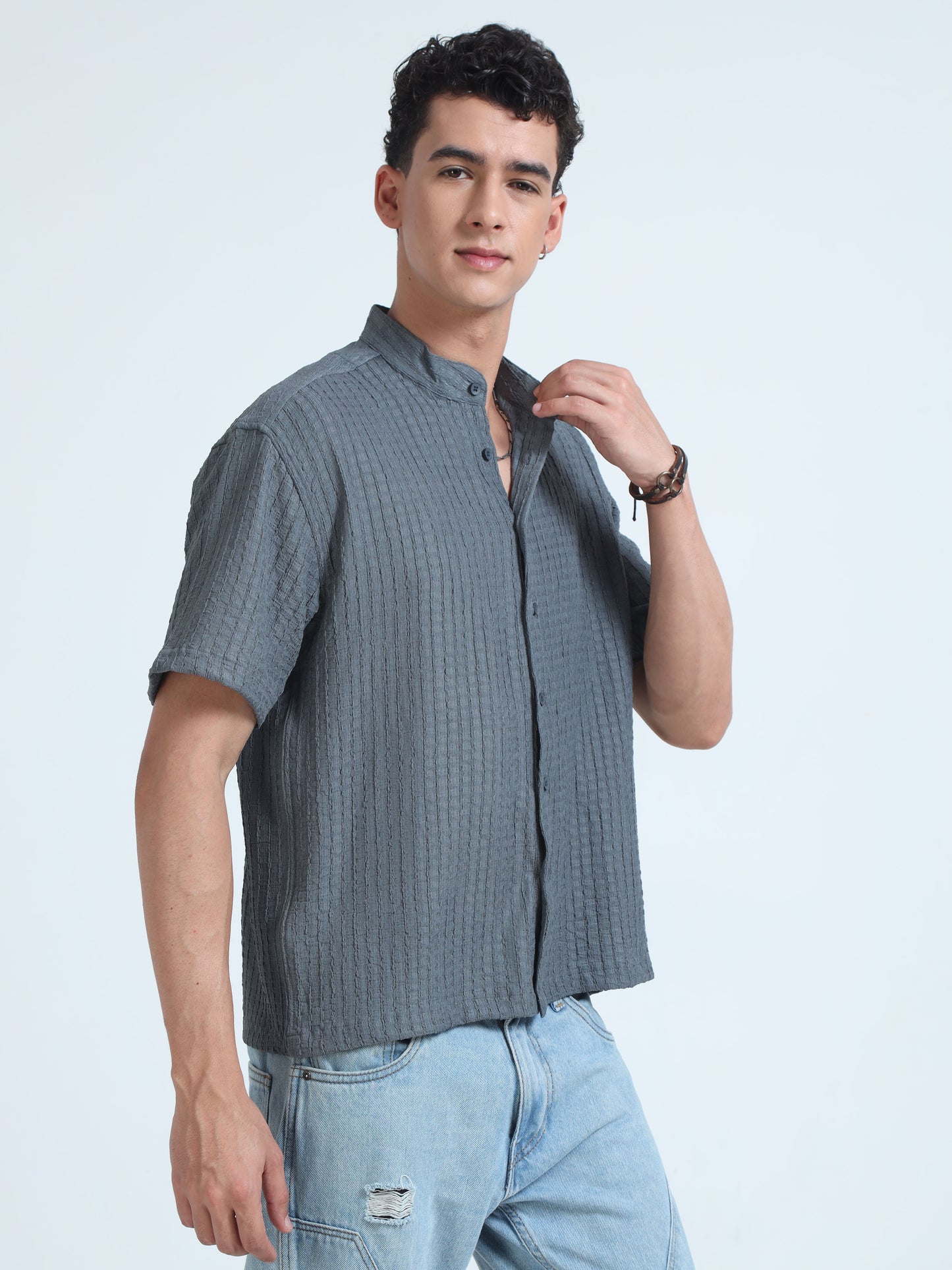 Grey Stand Collar Shirt for Men