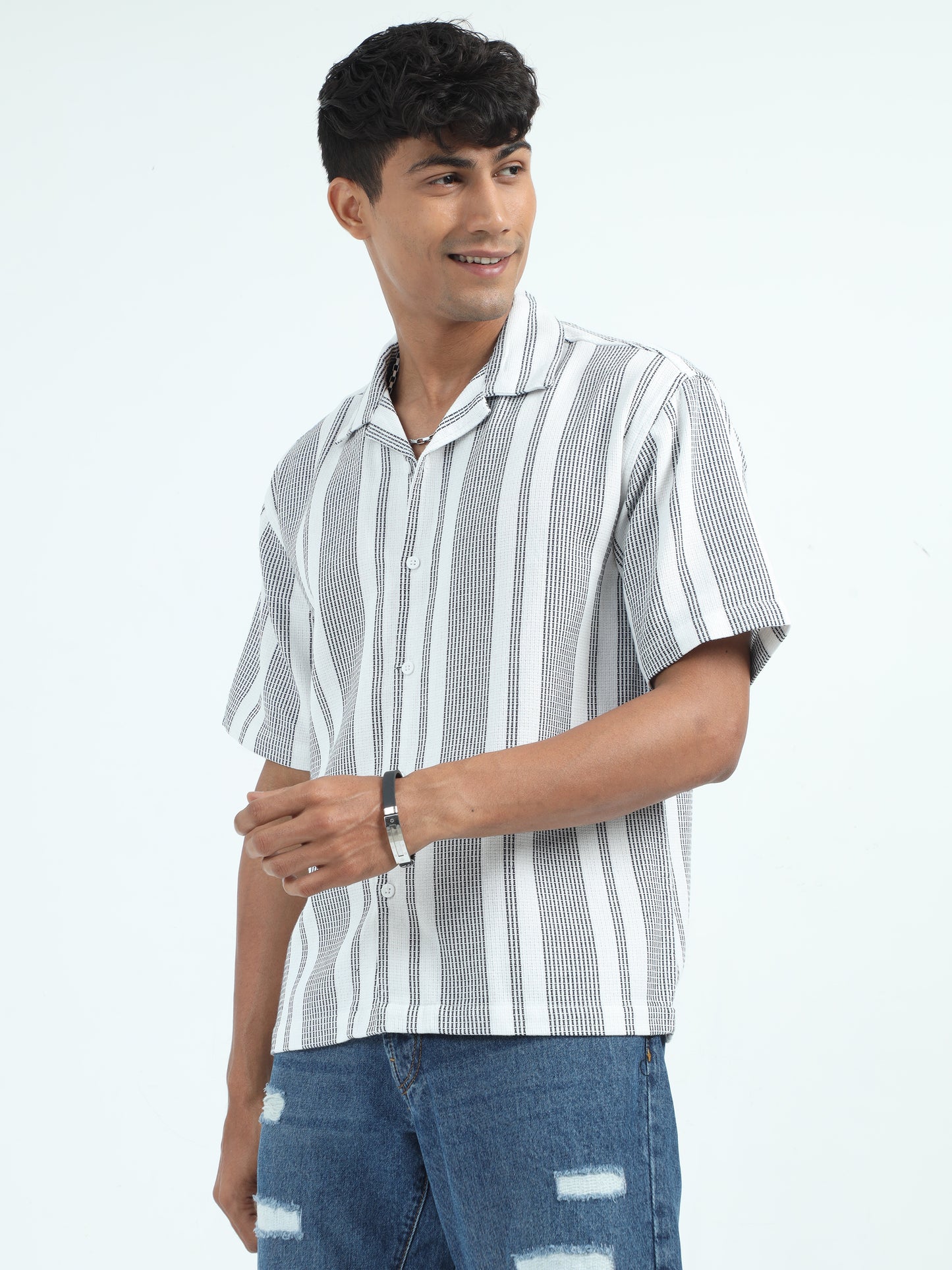 White Striped Jacquard Oversized Shirt for Men