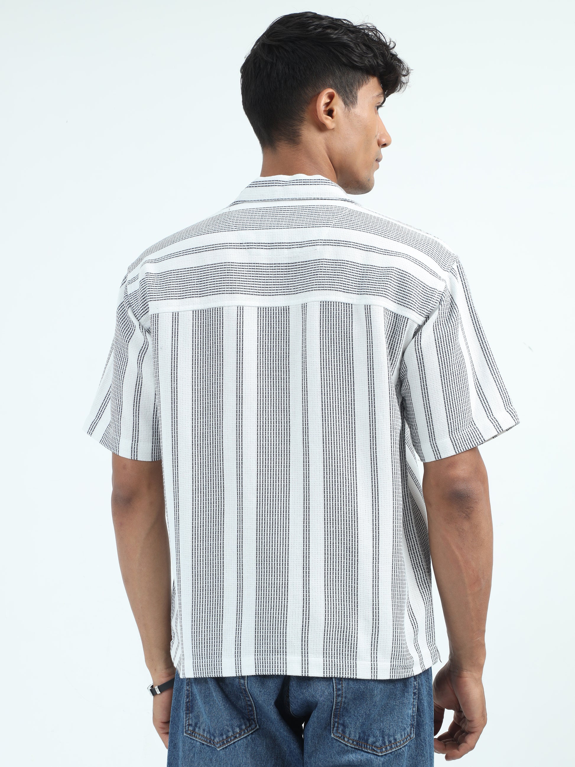 White Striped Jacquard Oversized Shirt for Men
