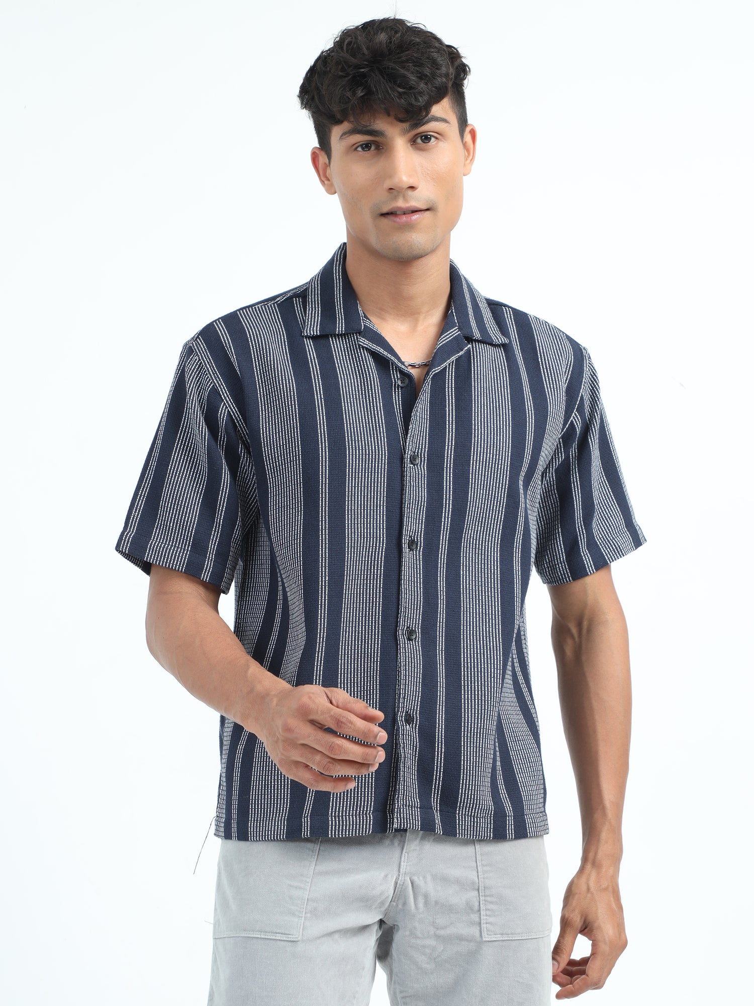 Navy Striped Jacquard Oversized Shirt For Men