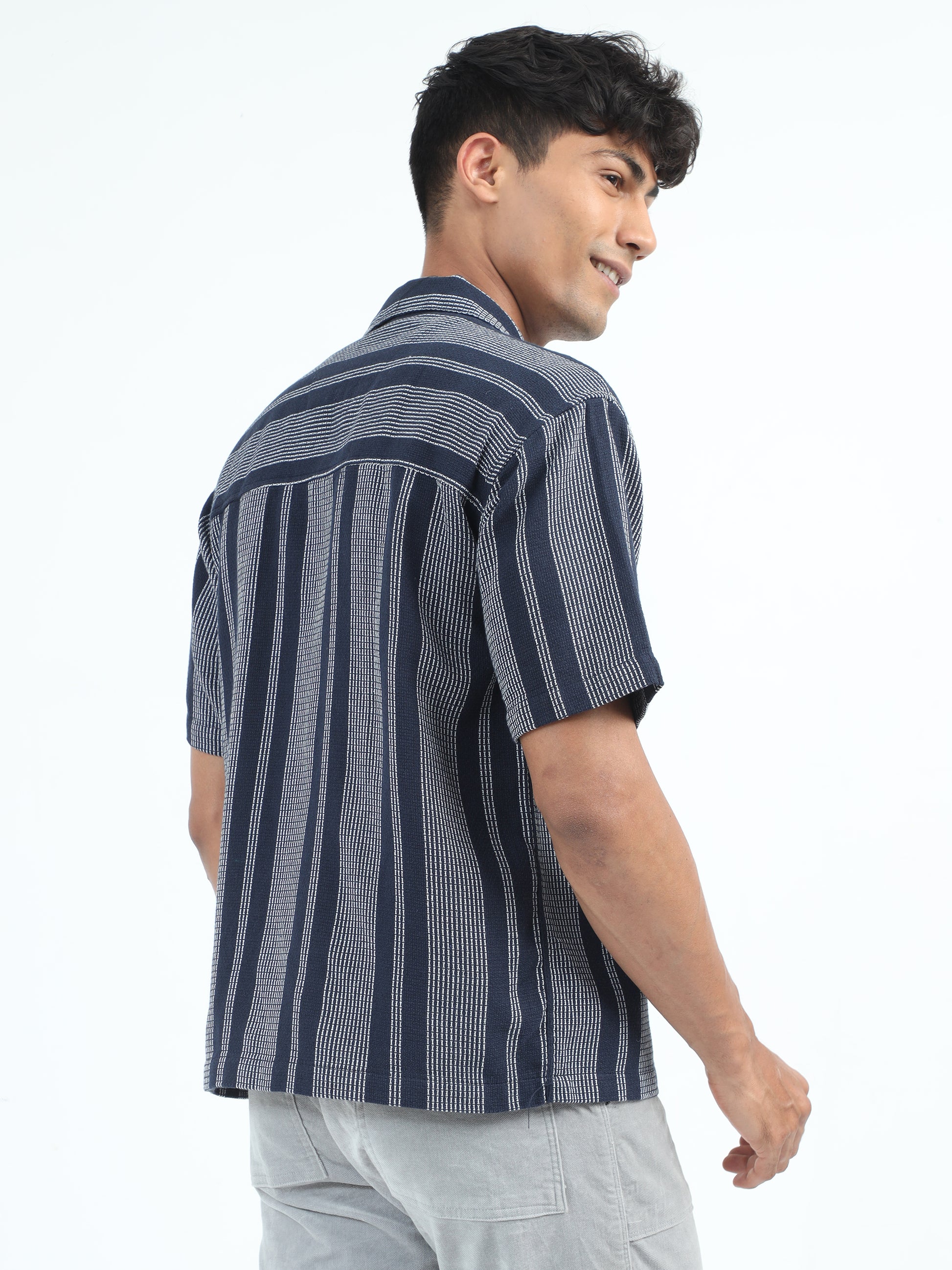 Navy Striped Jacquard Oversized Shirt for Men