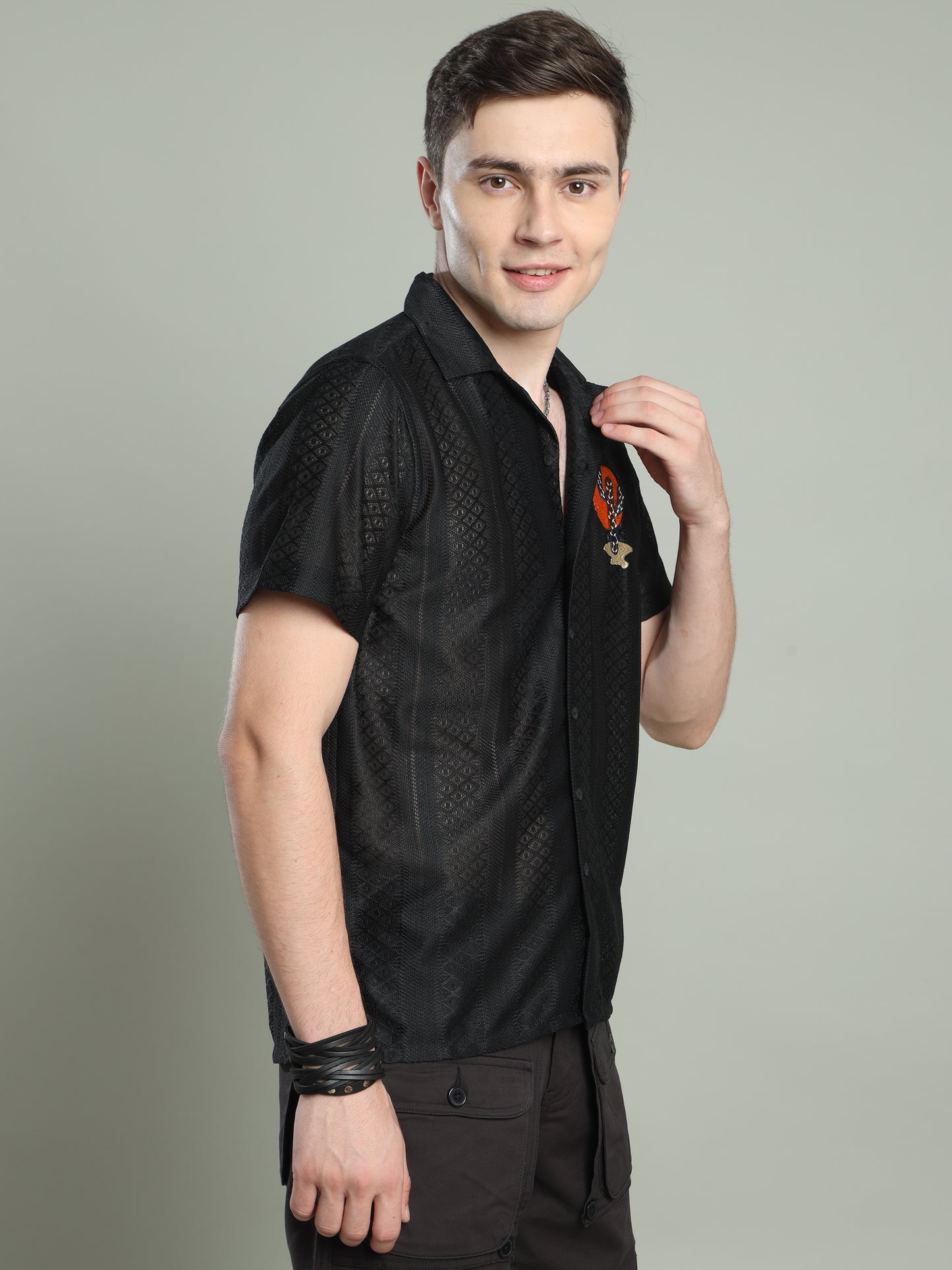 Men Embroidered Textured Shirt-Black