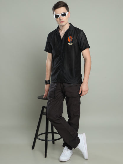 Men Embroidered Textured Shirt-Black