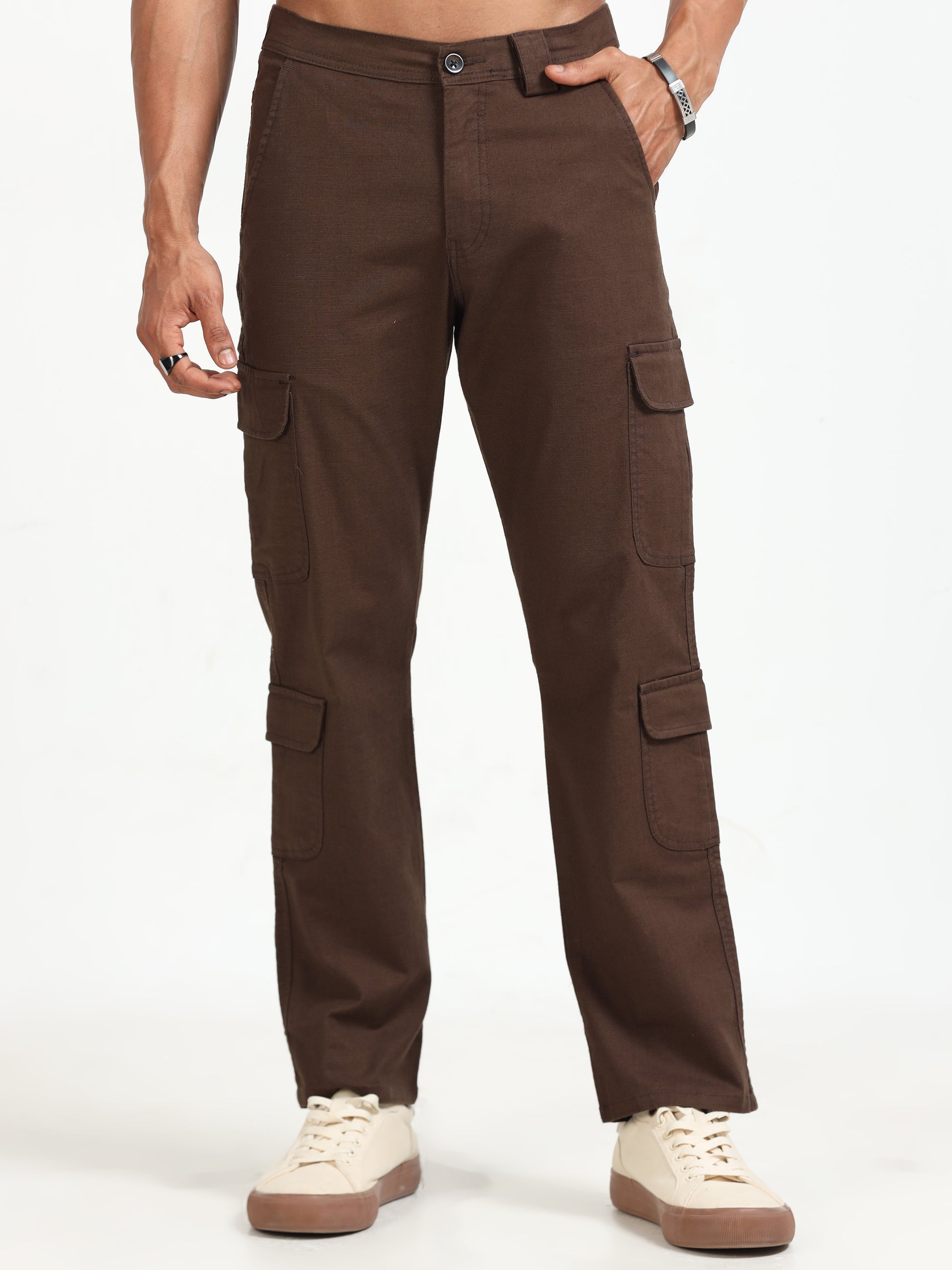Buy Chic Comfortable Brown Linen Cargo Pants for Men