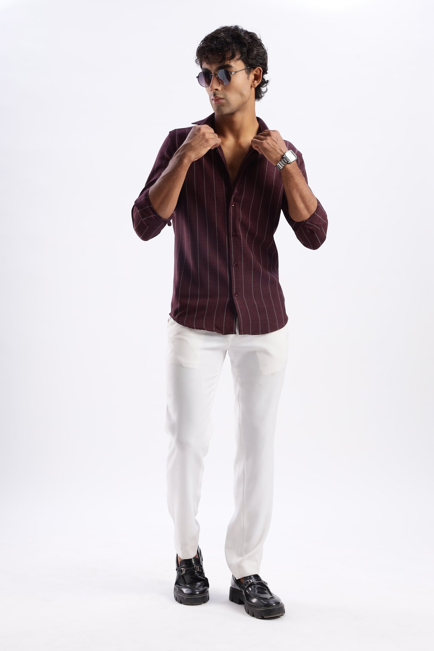 Men Air Like Linen Stripes Shirt-Maroon