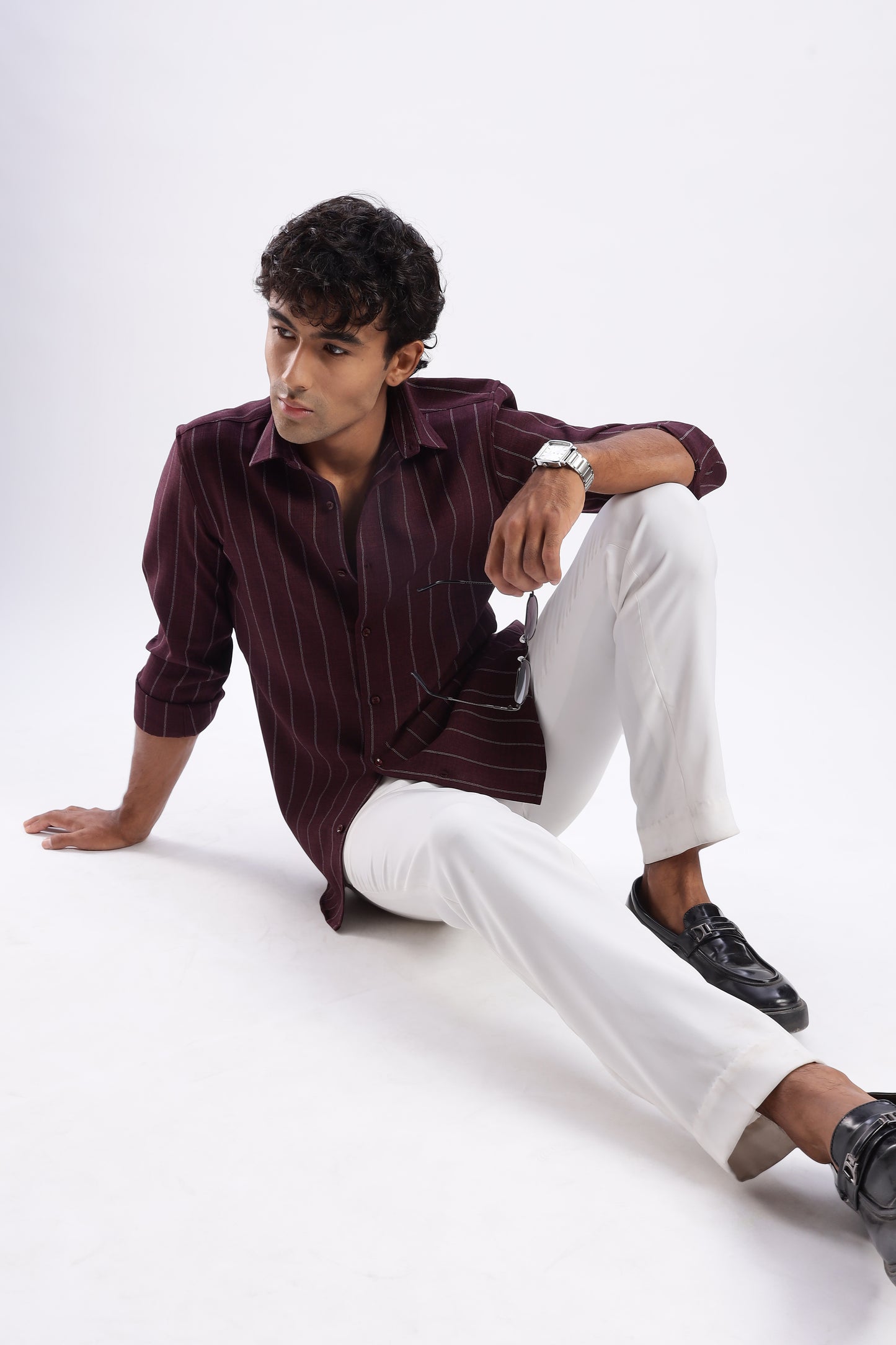 Men Air Like Linen Stripes Shirt-Maroon