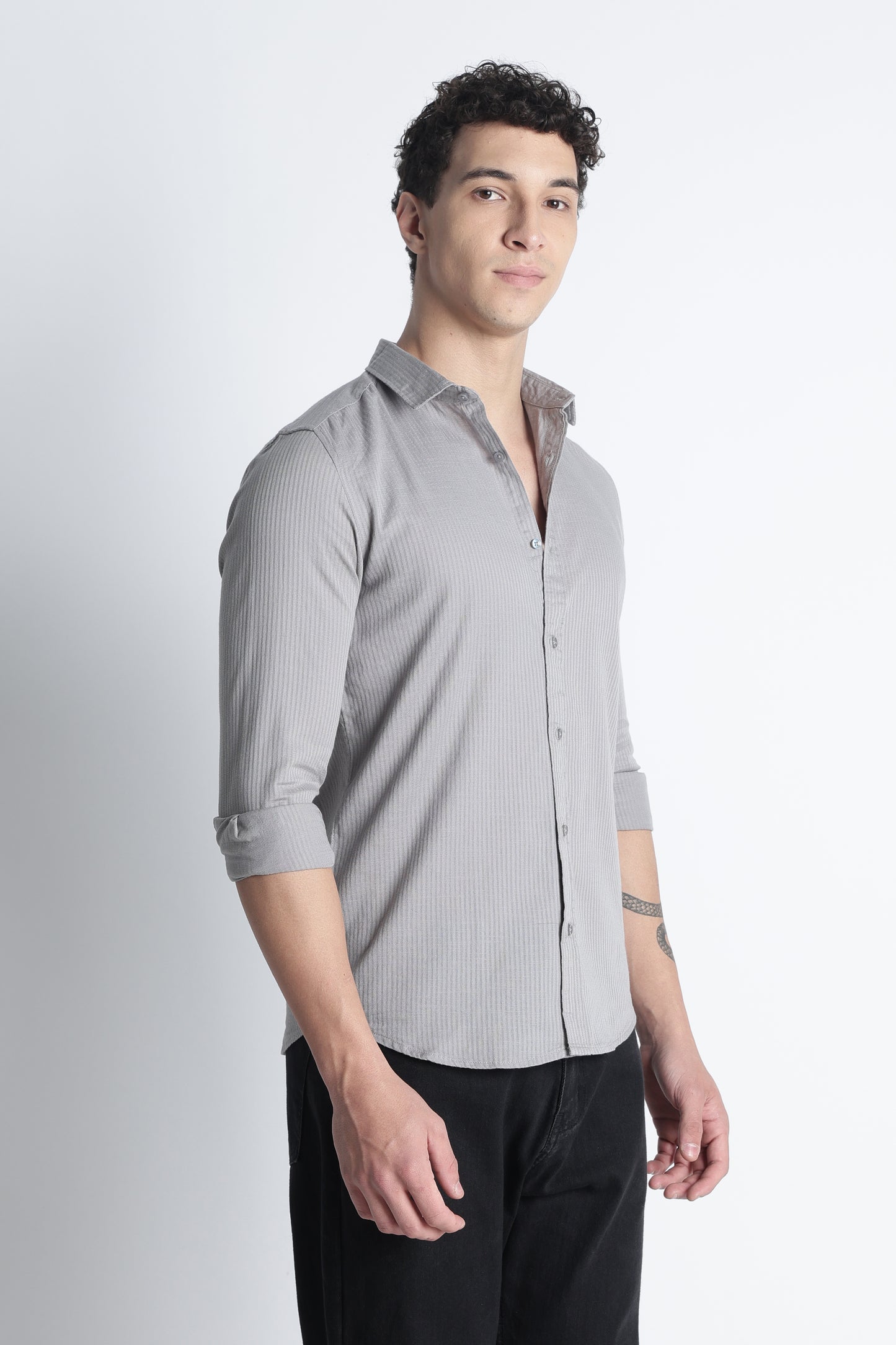 Men Curio Cotton Stripes Shirt-Grey