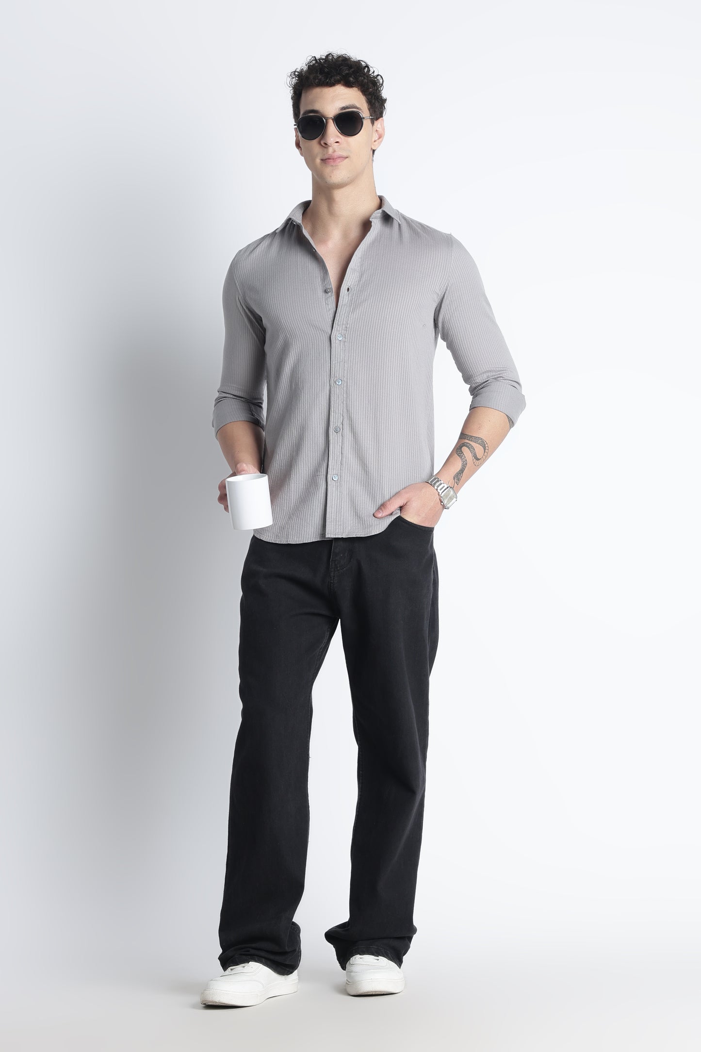 Men Curio Cotton Stripes Shirt-Grey