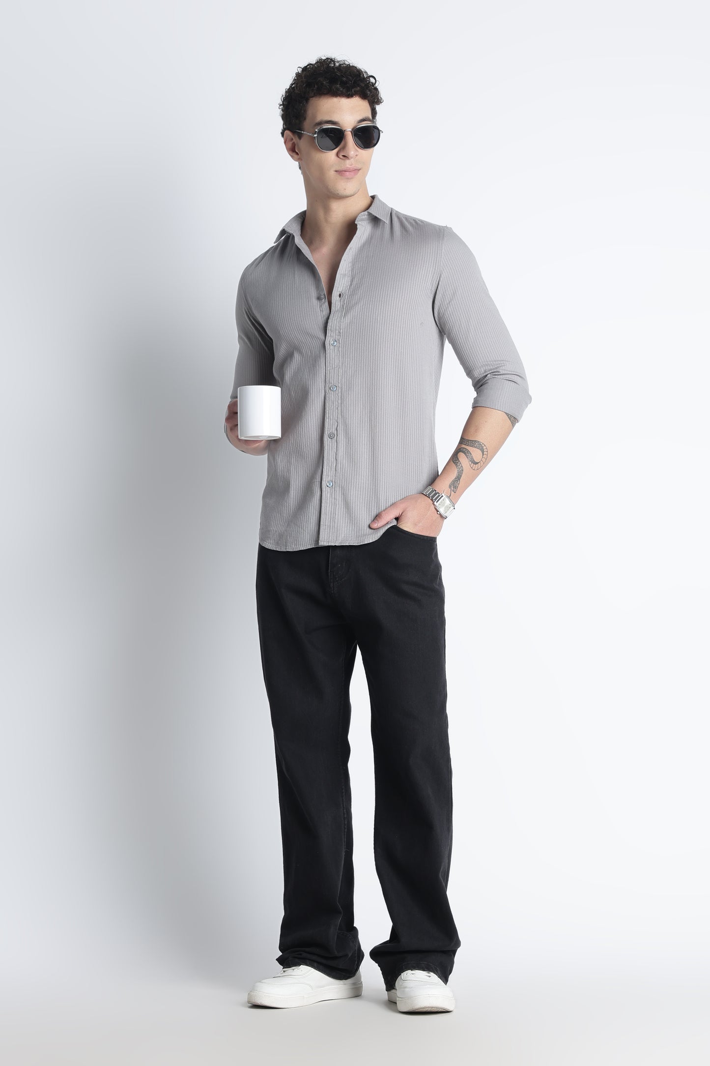 Men Curio Cotton Stripes Shirt-Grey